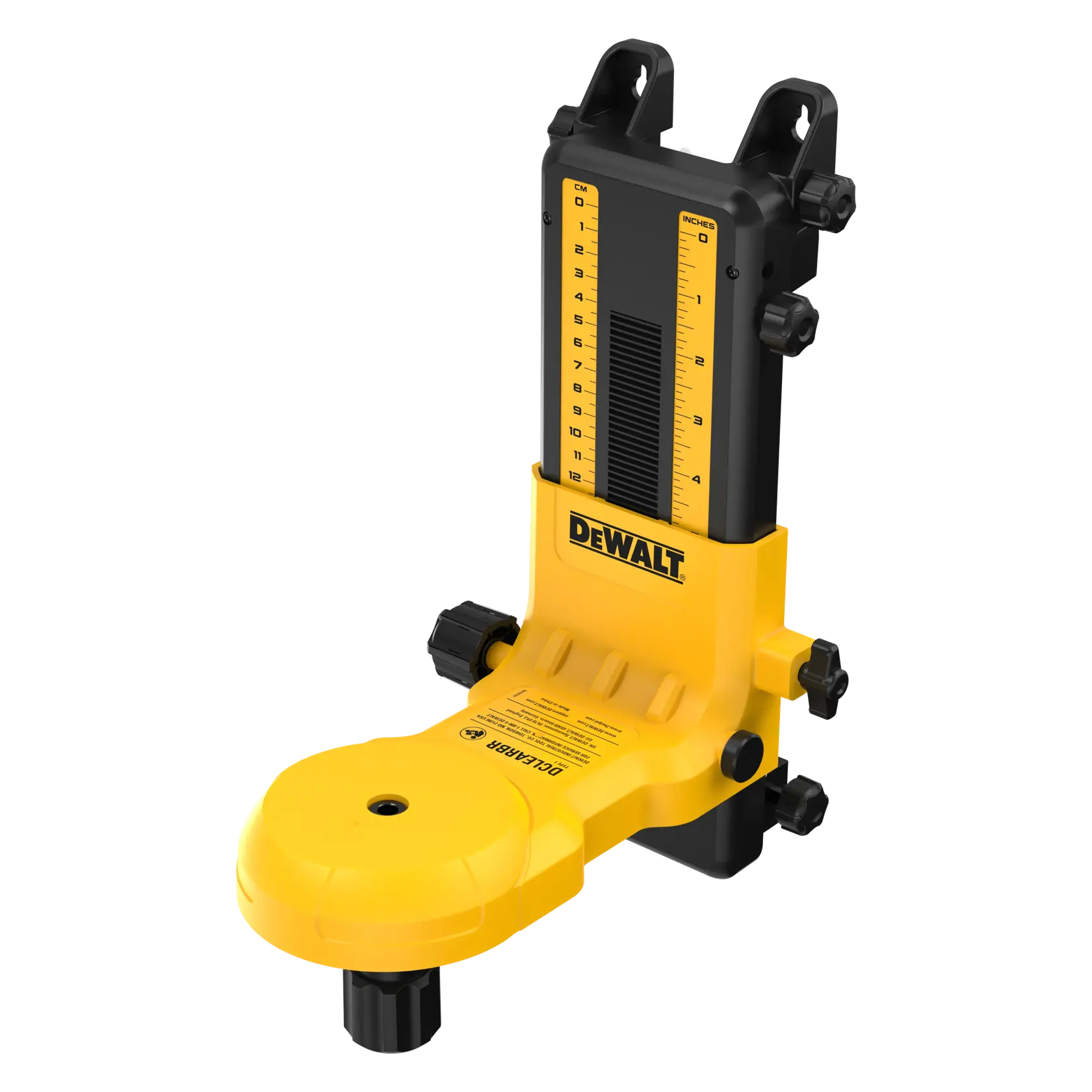 A DEWALT-branded yellow and black adjustable laser level bracket with measurement markings in centimeters and inches, designed for mounting and positioning laser tools.