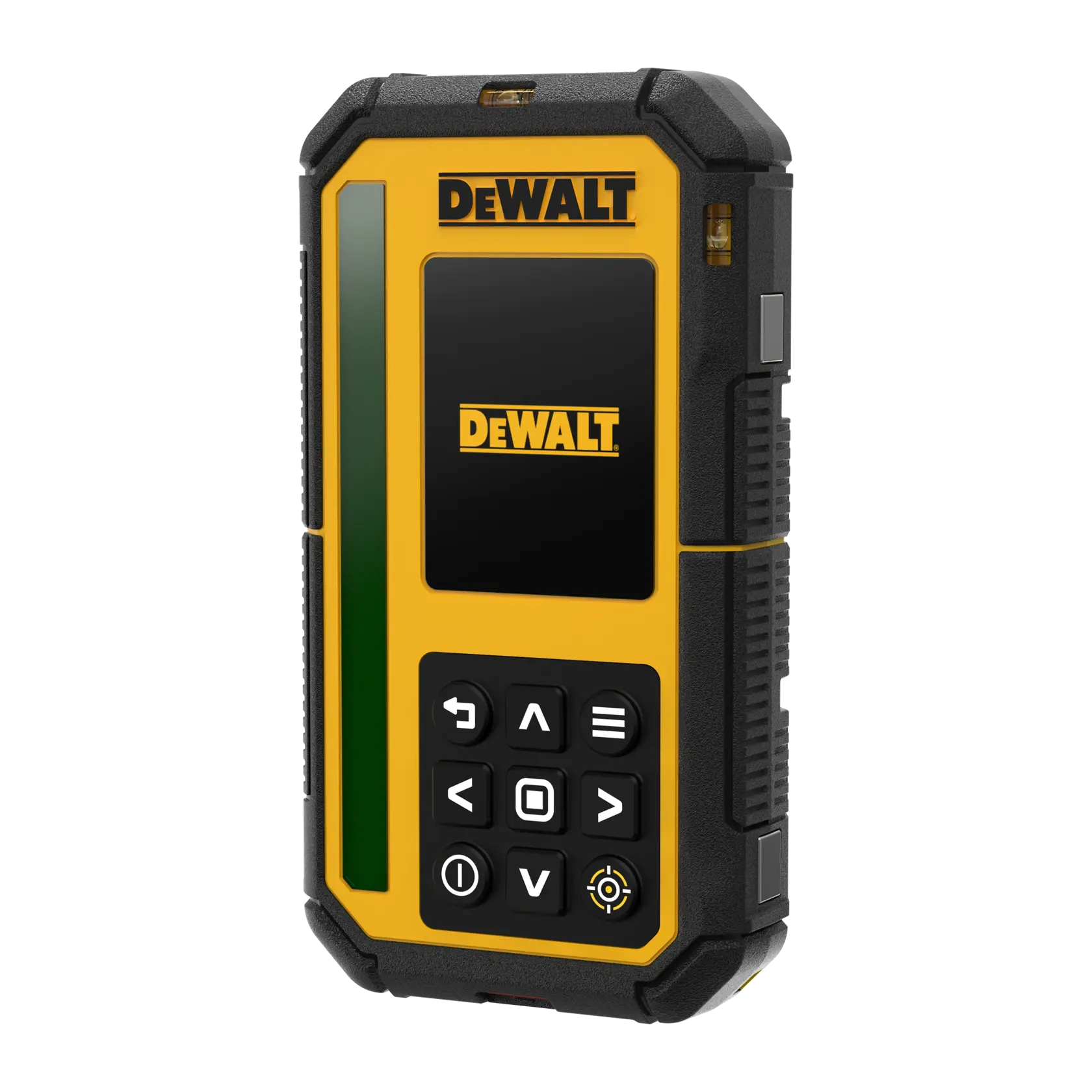A DEWALT handheld digital device, rectangular in shape with a yellow and black exterior, featuring a screen, a vertical green strip, and several control buttons on the front. The device appears rugged and is likely used for photography or measurement purposes.