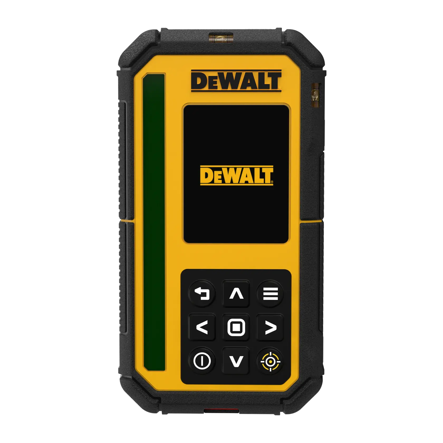 Front view of a DEWALT handheld electronic receiver for laser levels, featuring a yellow and black rugged design, digital display screen, control buttons, and the DEWALT logo.