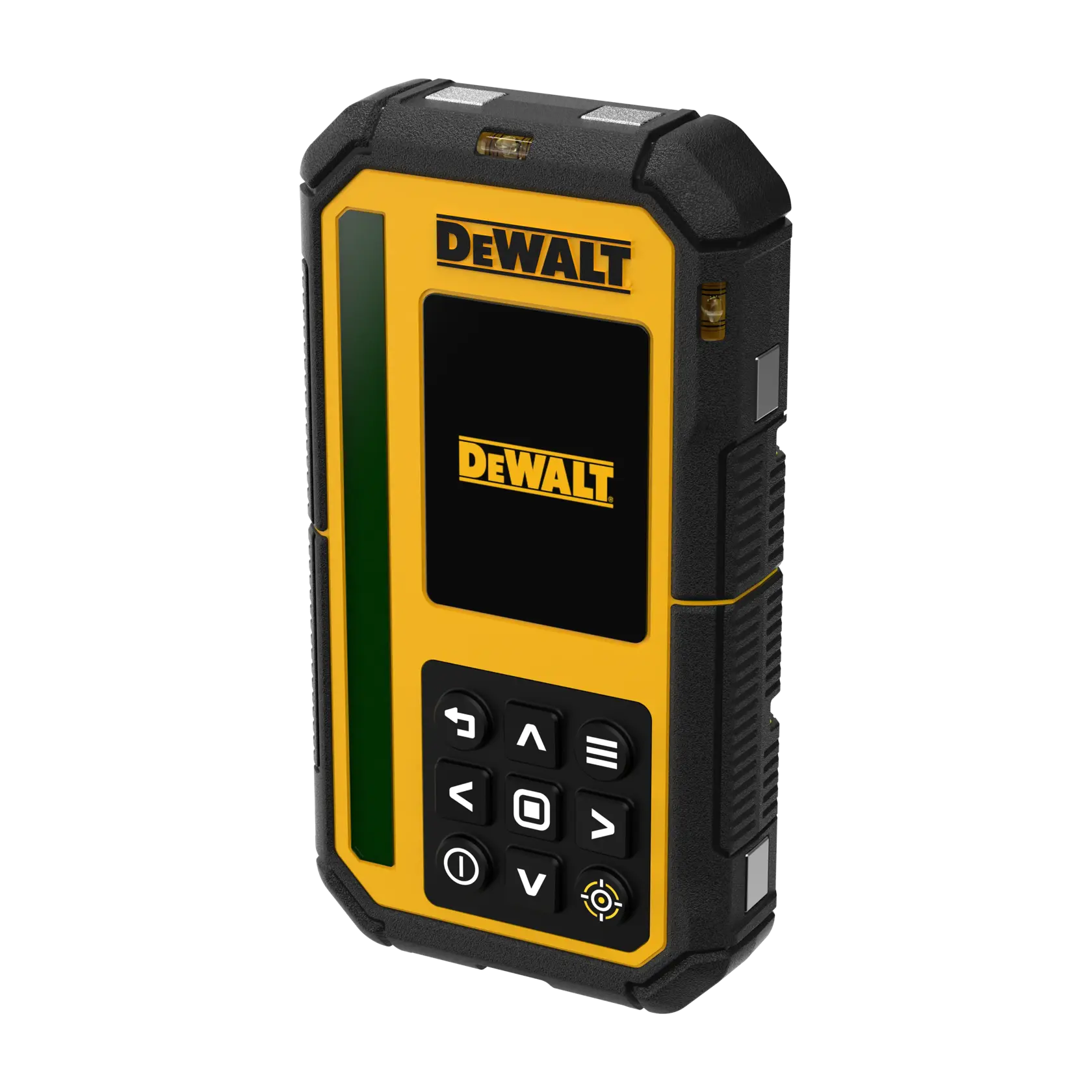 A handheld DEWALT digital device with a yellow and black casing, featuring a screen, several control buttons, and rugged protective corners. The device is designed for use in photography or construction settings.