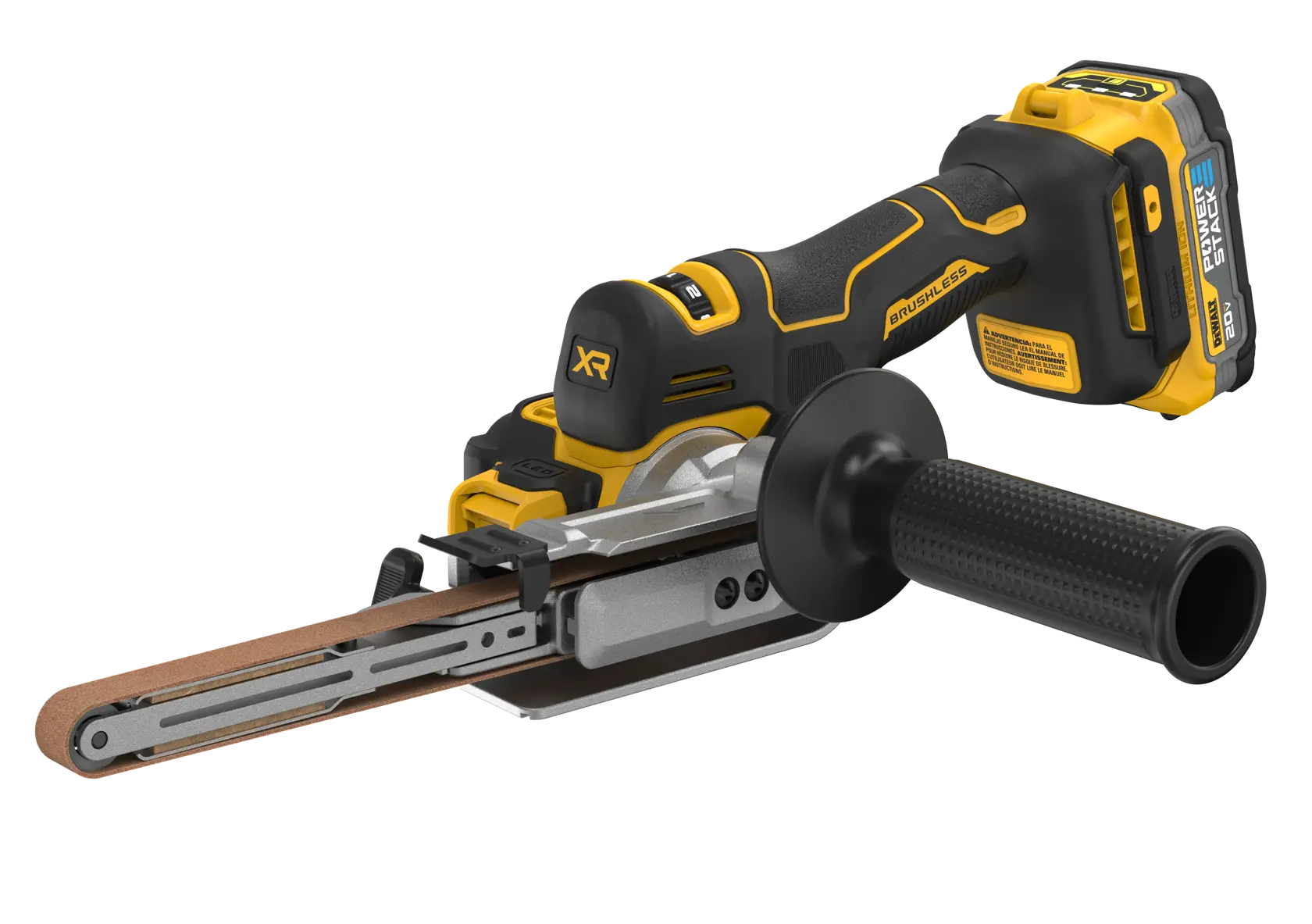 DEWALT 20V* MAX XR Bandfile with POWERSTACK Battery viewed from the front right side