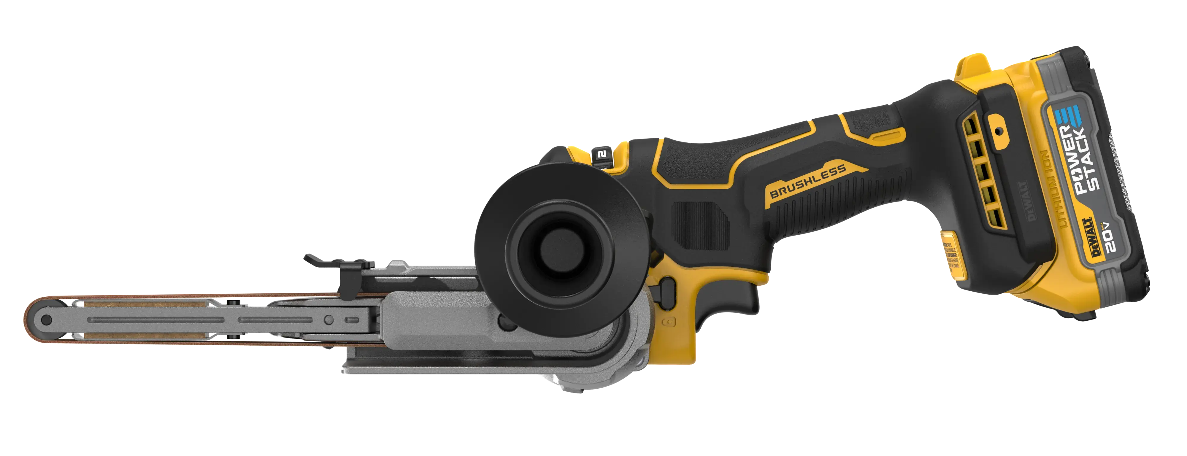 DEWALT 20V* MAX XR Bandfile with POWERSTACK Battery viewed from the front right side