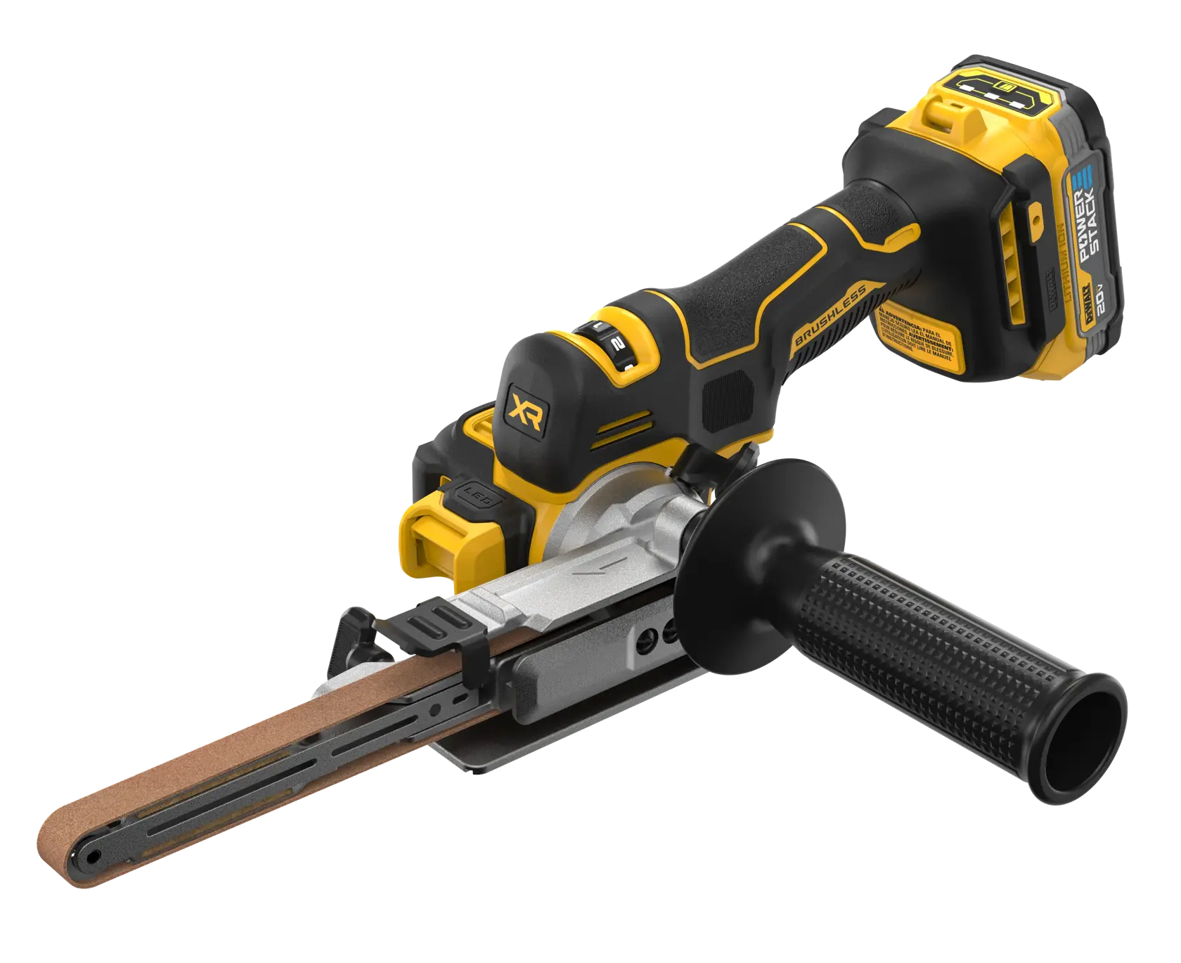 DEWALT 20V* MAX XR Bandfile with POWERSTACK Battery viewed from the front right side