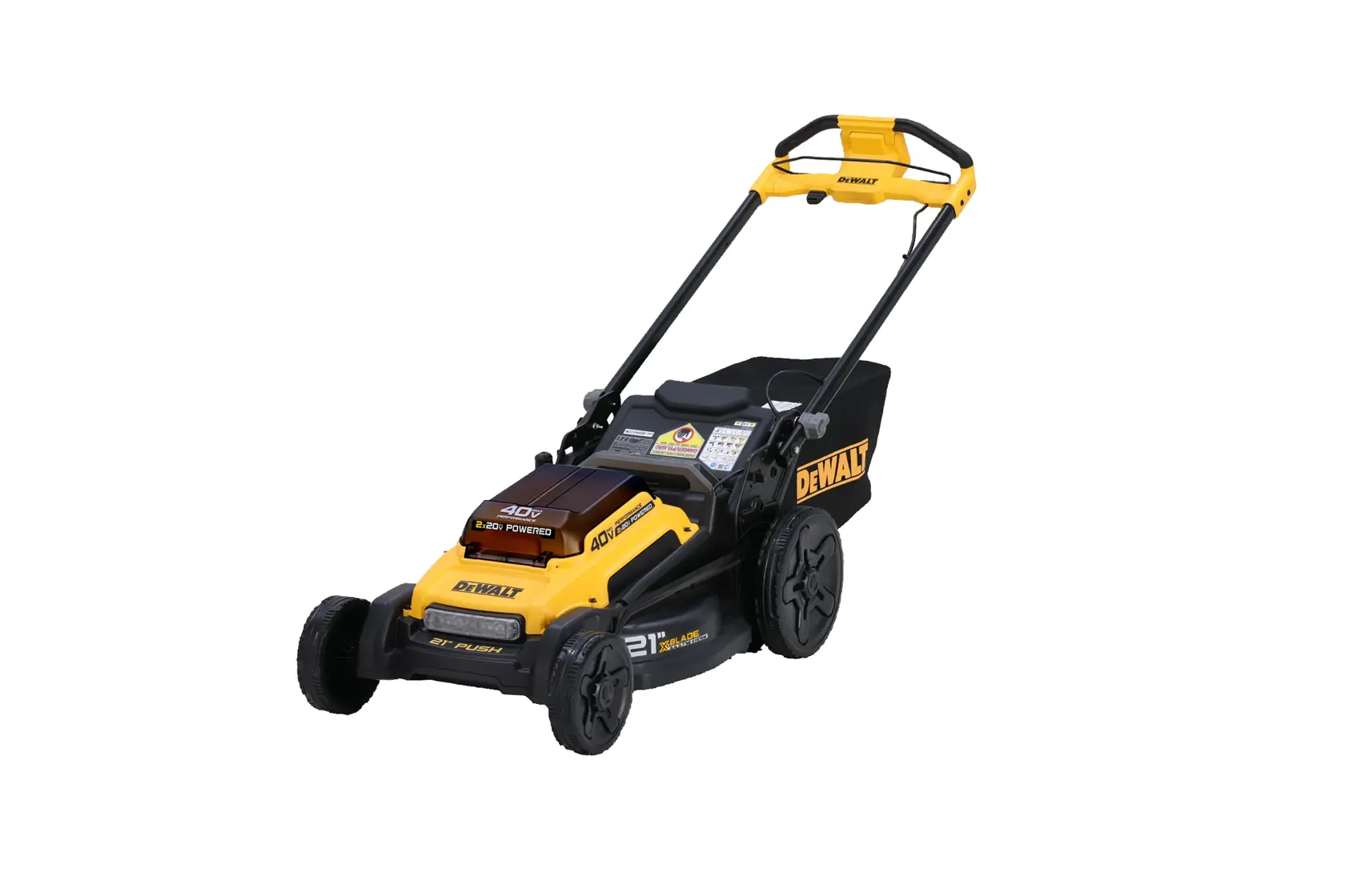 Yellow and black DEWALT cordless lawn mower with 21-inch blade and rear grass collection box.