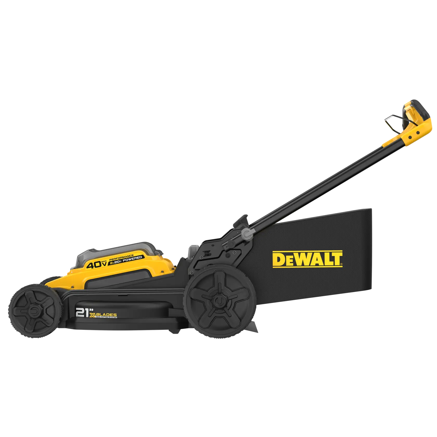 DEWALT 40V cordless electric lawn mower with 21-inch blade and rear grass bag, side view.