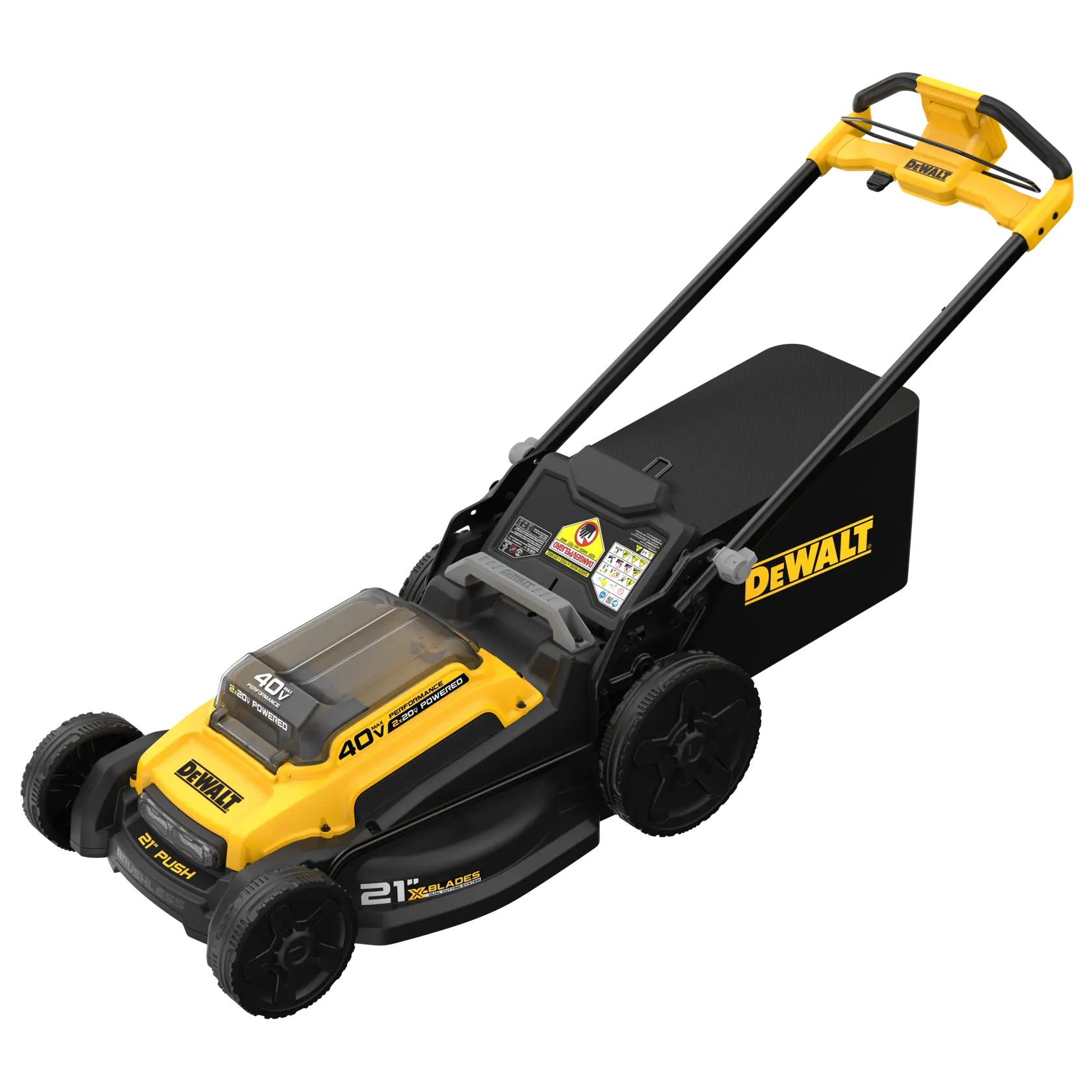 A DEWALT 40V cordless electric lawn mower with 21-inch cutting deck and grass collection bag.