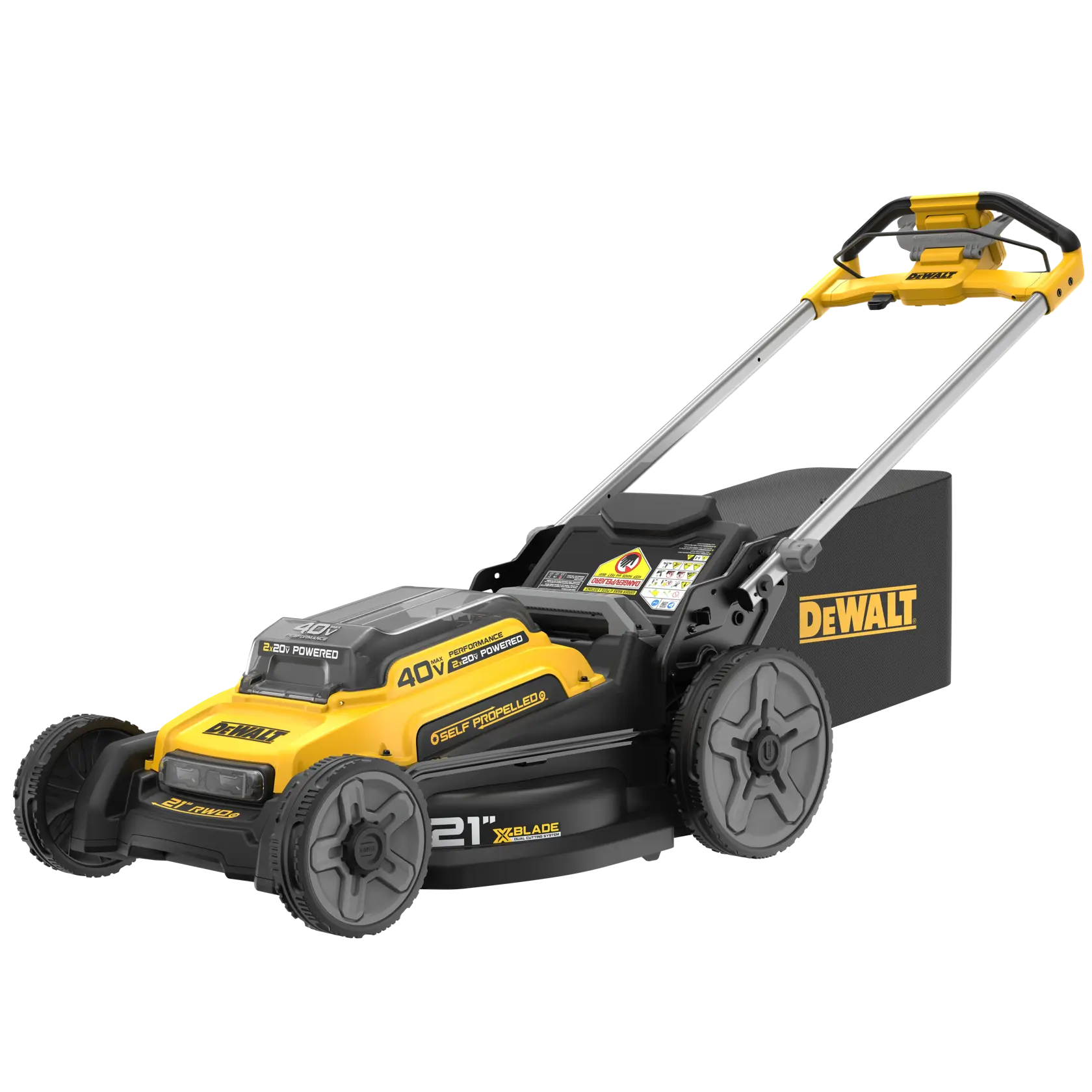 DEWALT yellow and black cordless electric lawn mower with rear grass bag, self-propelled and 21 inch blade.