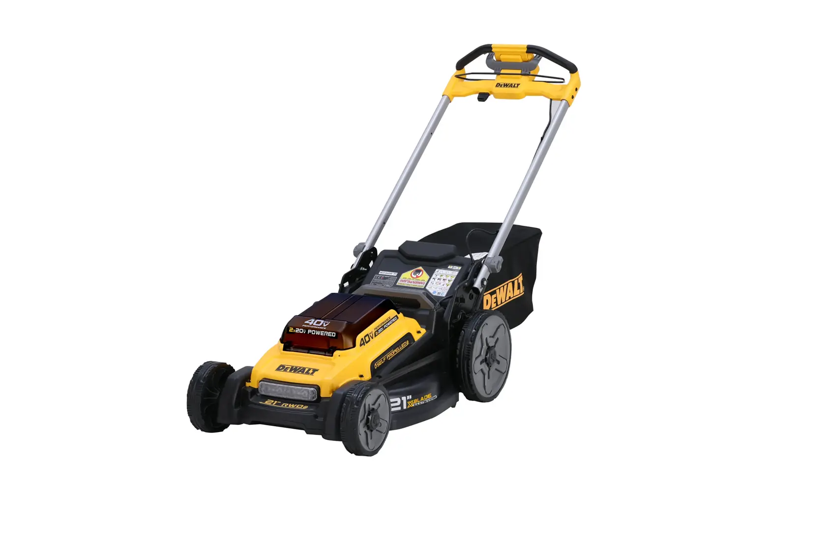 DEWALT 40V self-propelled cordless lawn mower with large grass bag and adjustable handle.