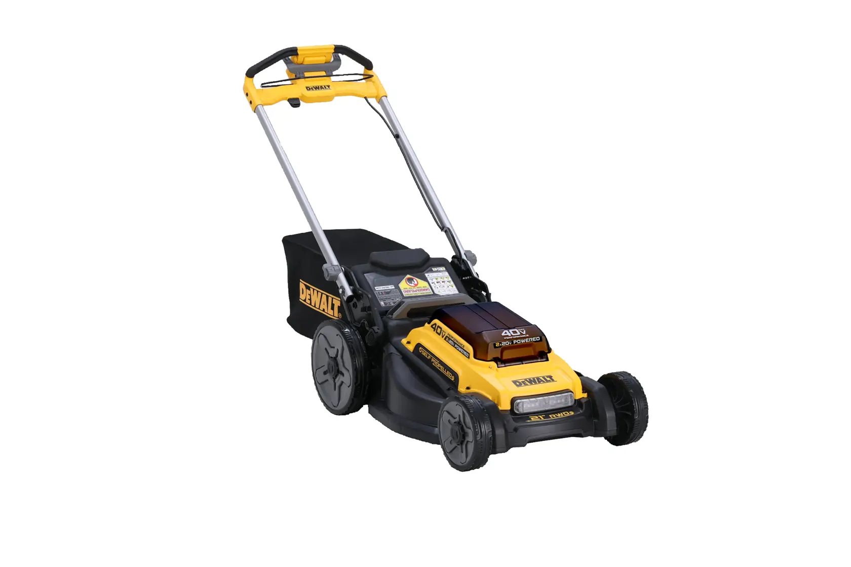 DEWALT cordless electric lawn mower with grass bag and handle, yellow and black design.