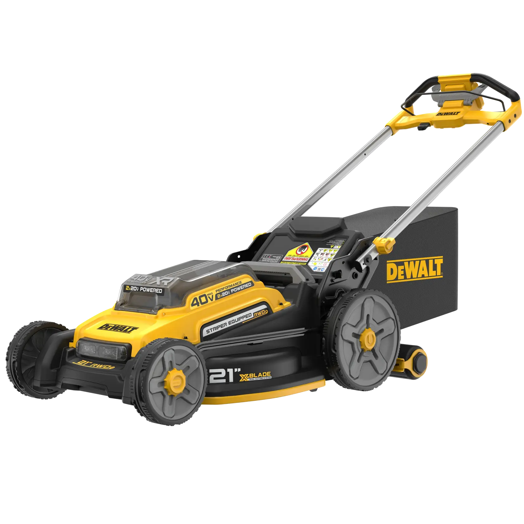 DEWALT 40V yellow and black cordless lawn mower with rear grass catcher and large wheels.