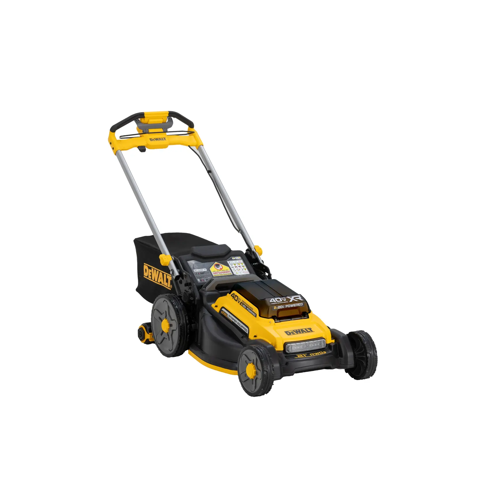 Side view of a DEWALT 40V battery-powered lawn mower with a grass catcher attachment.