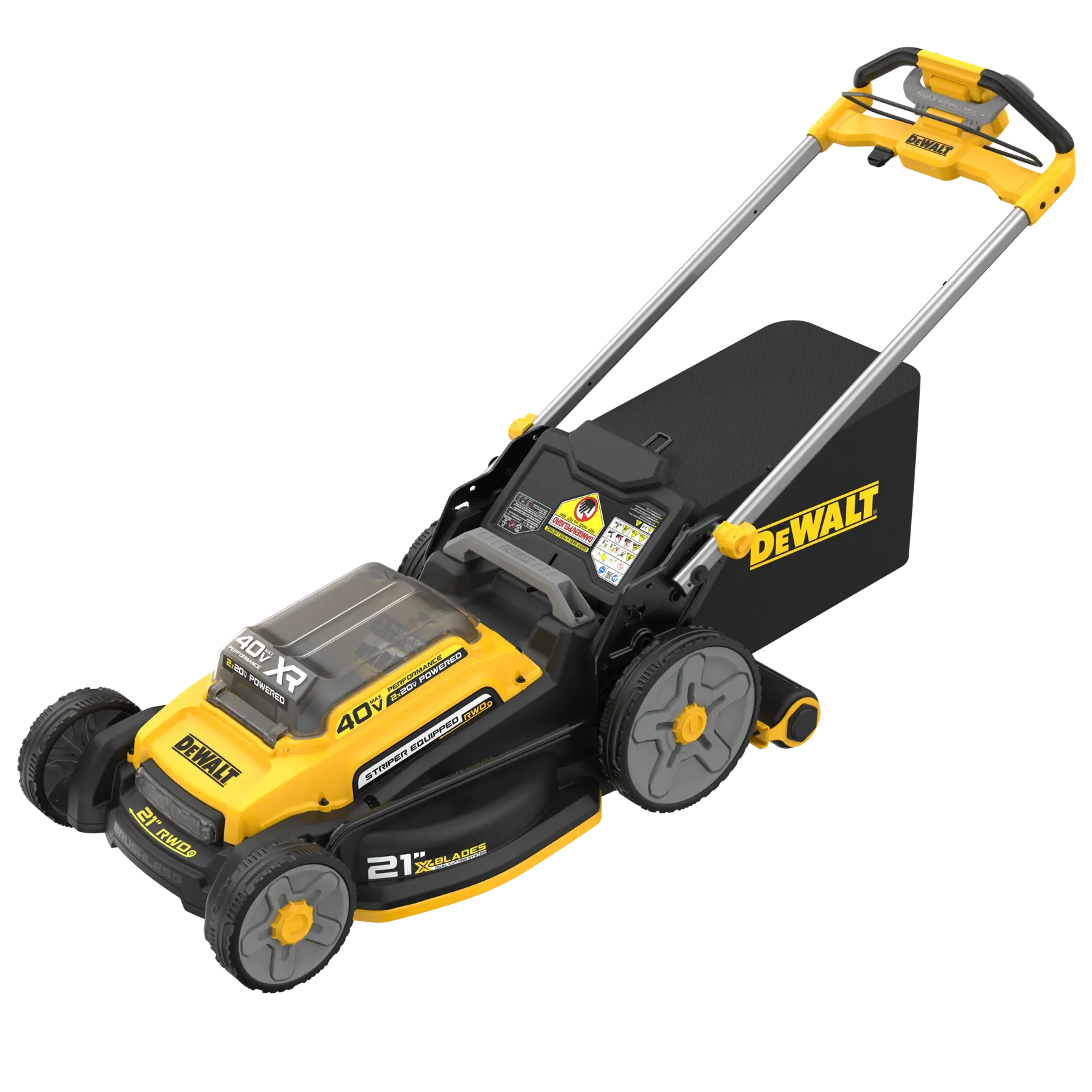 Yellow and black DEWALT 40V XR cordless lawn mower with grass bag and handle, 21 inch cutting deck.