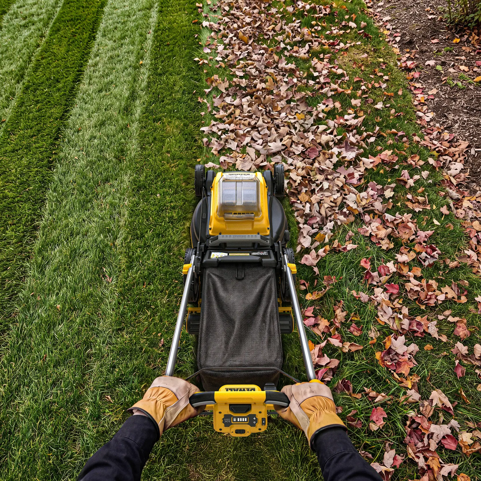 Person inserting a battery into a yellow DEWALT 40V lawn mower on grass.