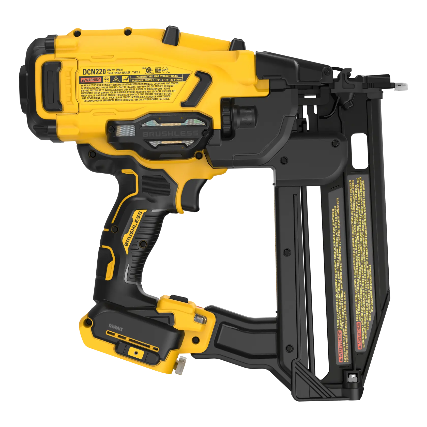 Cloueur sans fil jaune et noir DEWALT DCN220B, vue latérale avec étiquette et cadre détaillé.