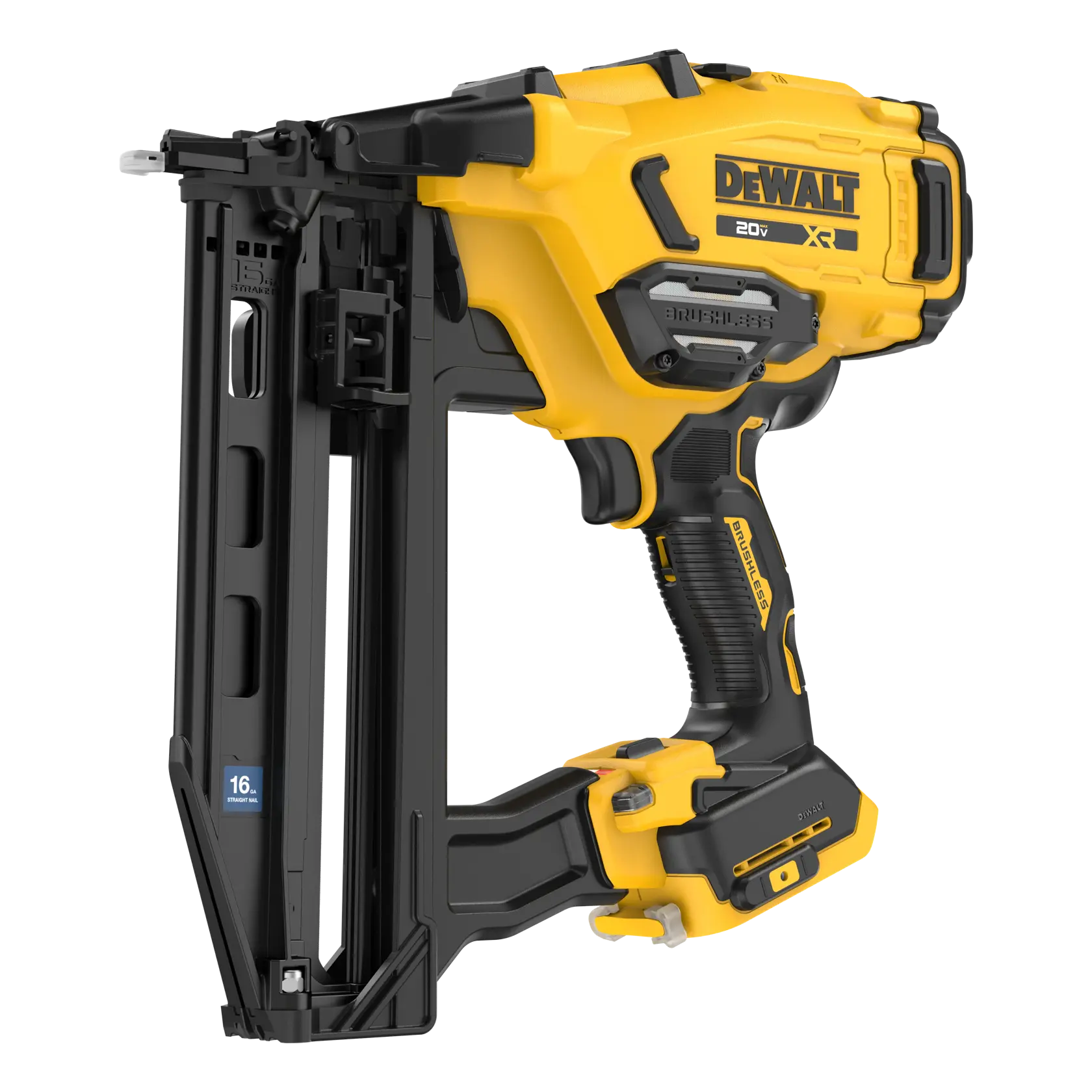 Cloueur sans fil DEWALT 20V jaune et noir, modèle DCN220B, pour travaux de construction.
