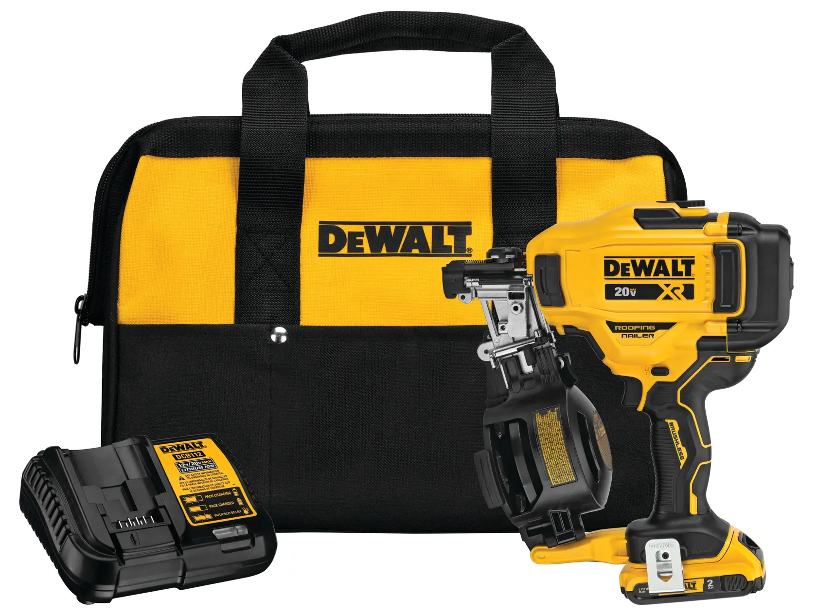 Cordless Coil Roofing Nailer ki with a battery charger and bag