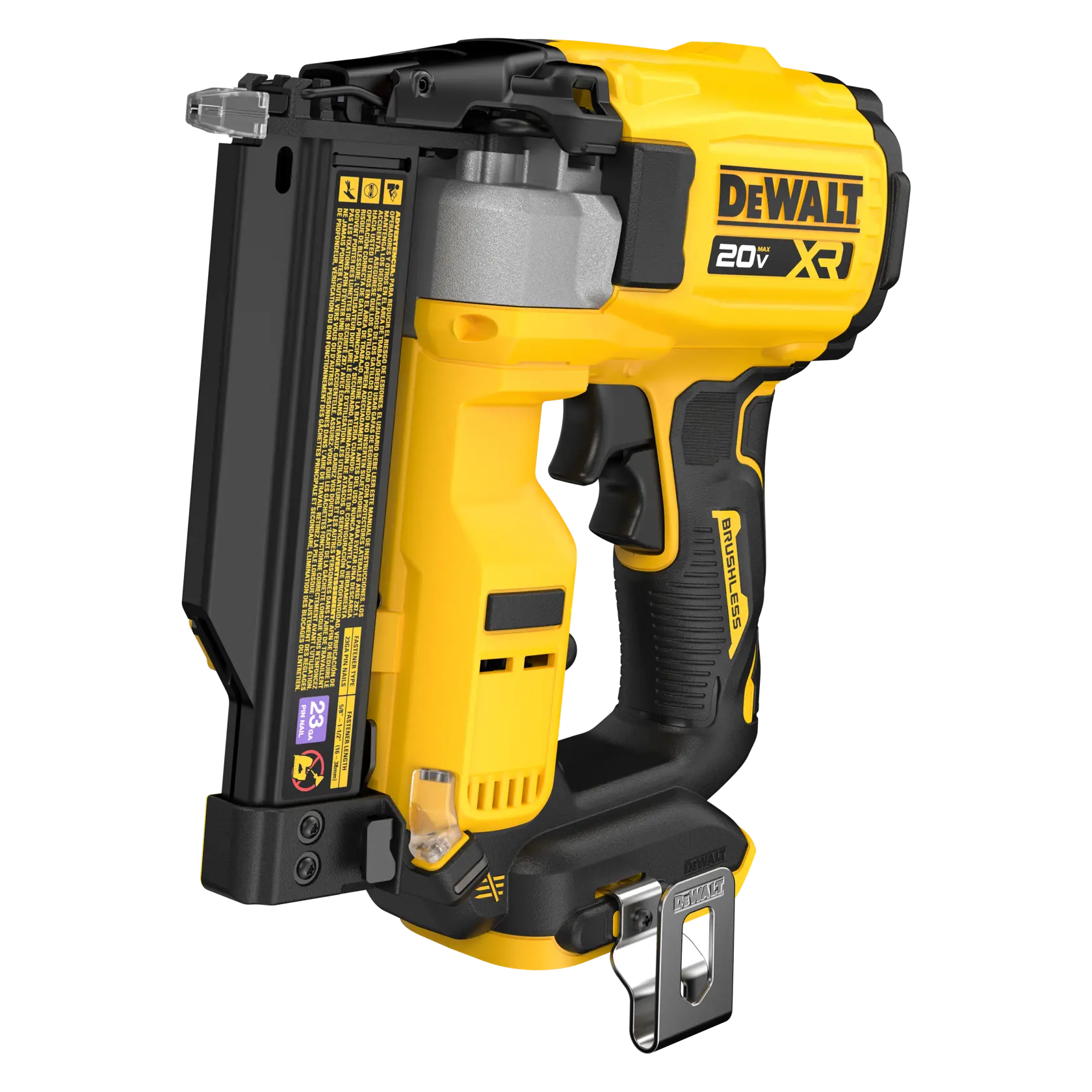 Product image of a DEWALT 20V MAX Brushless 23-gauge pin nailer. Key features are labeled: tool-free jam release, tool-free depth adjust, serviceable driver blade, brushless motor, and low nail lockout LED. The tool is mainly yellow and black, showing the DEWALT branding.