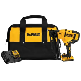 A DEWALT tool set including a black and yellow carrying bag, a cordless nail gun, a battery charger, and a battery.