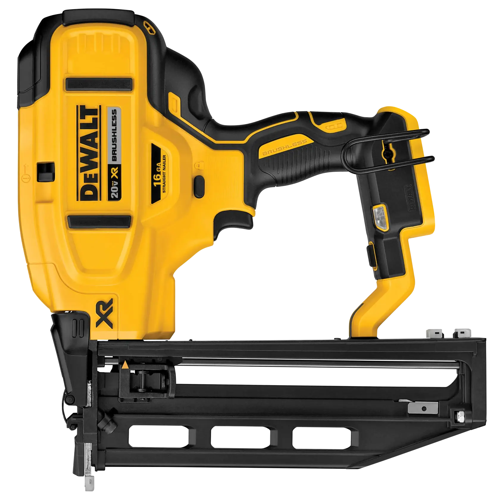 A DEWALT 20V XR brushless cordless nail gun, model DCN662B, featuring a yellow and black design. The tool is shown in a side profile view with the DEWALT branding visible on its body.