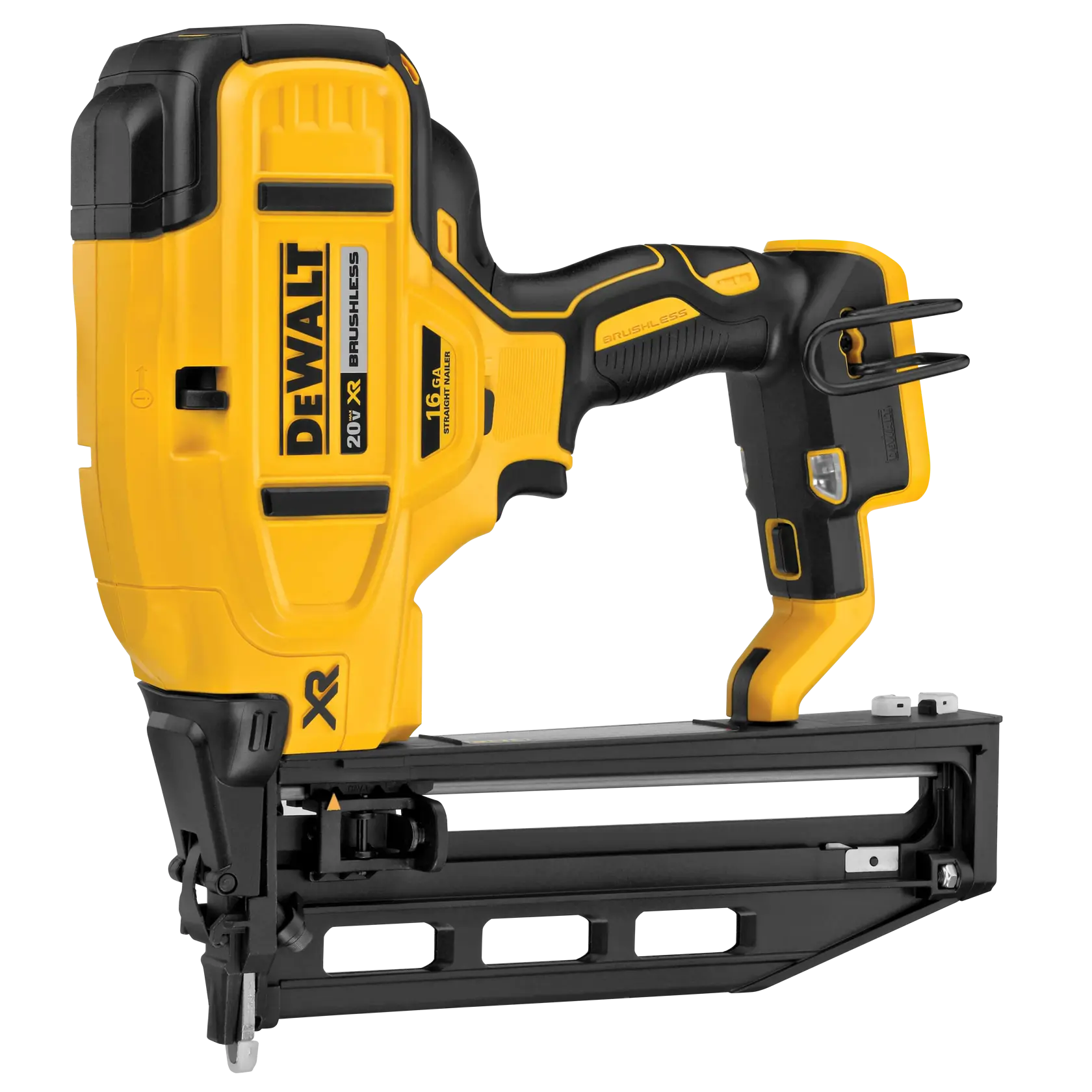 A DEWALT 20V XR brushless cordless nail gun with a yellow and black design and ergonomic handle, model DCN662B, shown against a white background.