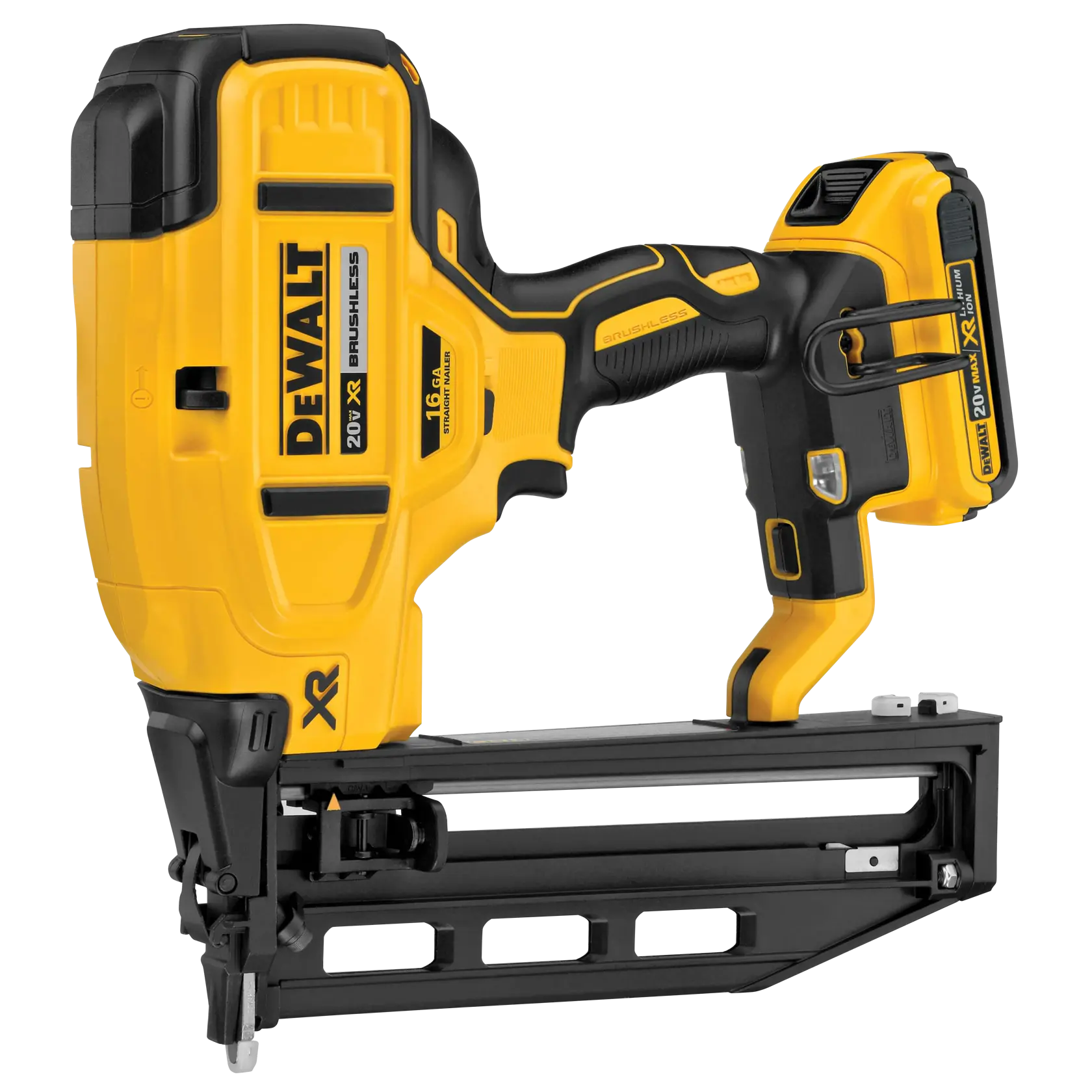 A DEWALT 20V XR brushless cordless finish nailer, featuring a yellow and black design with a battery on the handle. The tool is suitable for driving 16-gauge nails and used in woodworking or construction projects.
