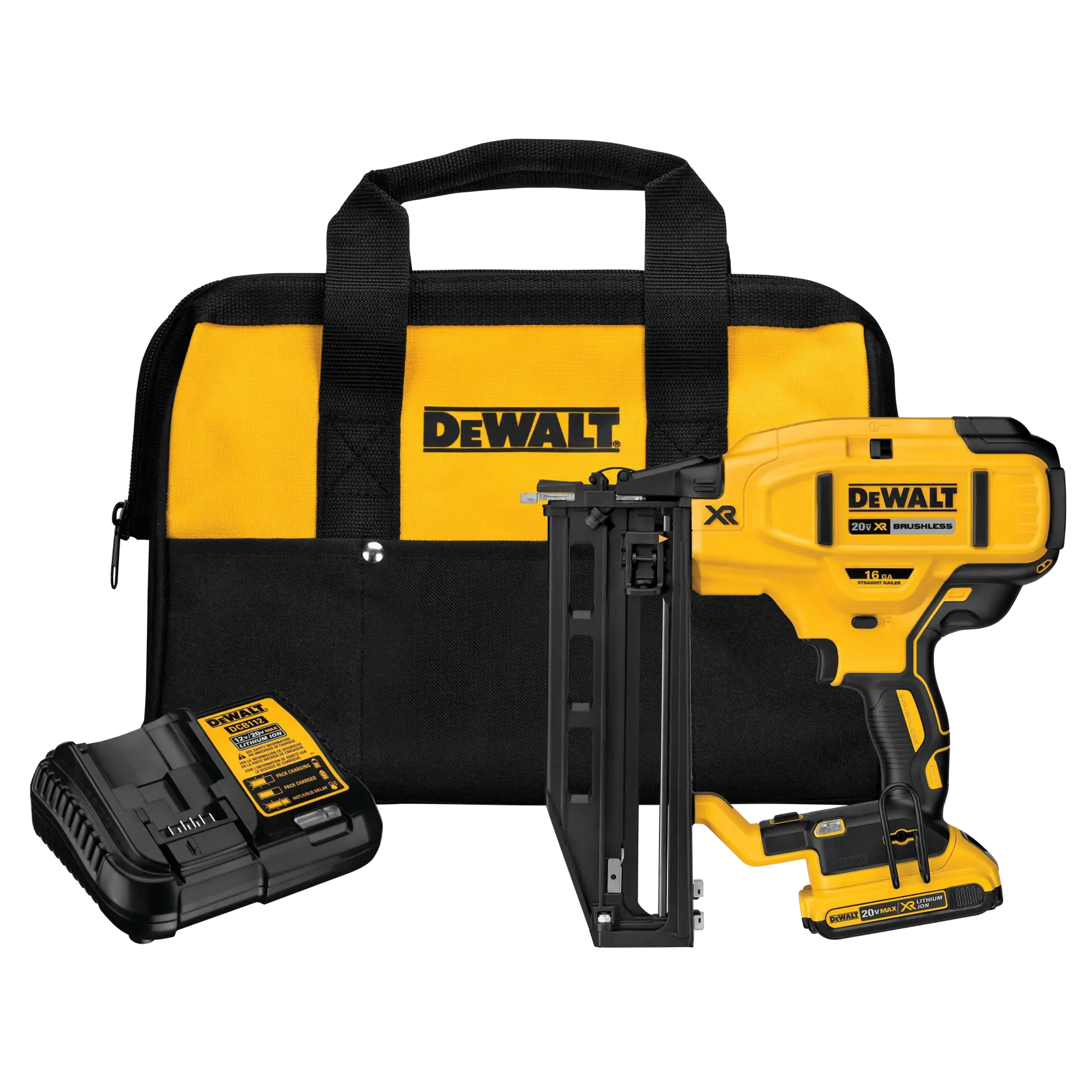 A DEWALT 20V XR Brushless cordless nailer kit is shown, including a yellow and black nail gun, battery charger, and carrying bag with DEWALT logo.
