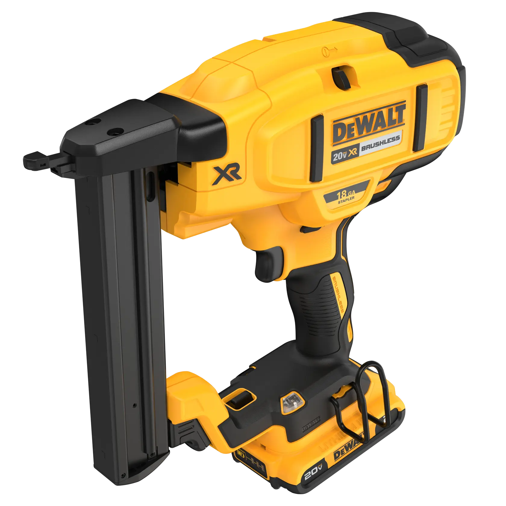 DEWALT stapler for photography, yellow, with SKUs DCN681D1 and BSV520BRB visible.