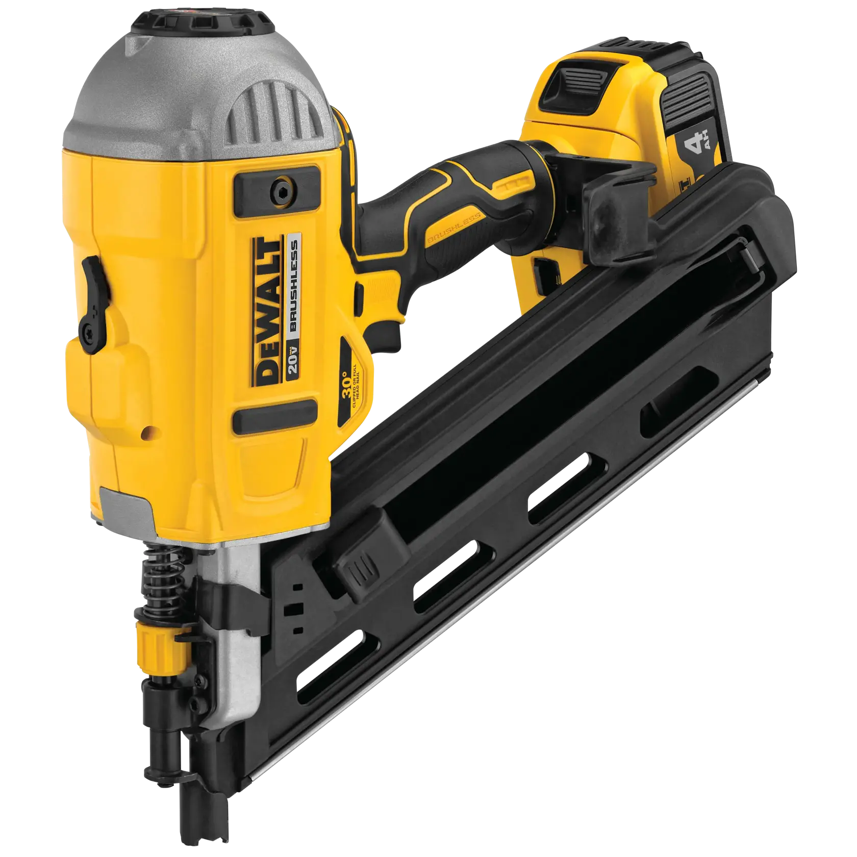 A DEWALT 20V brushless cordless framing nailer with a yellow and black body, showing the magazine for nails and battery attached at the rear.