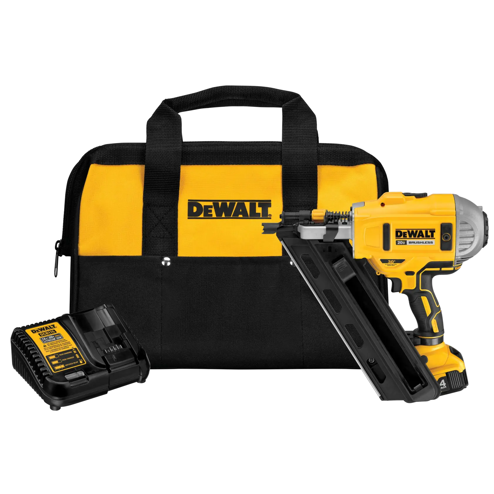 A DEWALT cordless nail gun set, including a yellow and black nail gun, a matching carrying bag with DEWALT branding, and a battery charger.