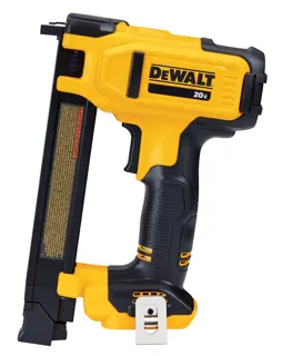 A DEWALT 20V cordless cable stapler, designed for securing electrical cables. The tool is yellow and black, with an ergonomic handle and a metal belt hook at the bottom.