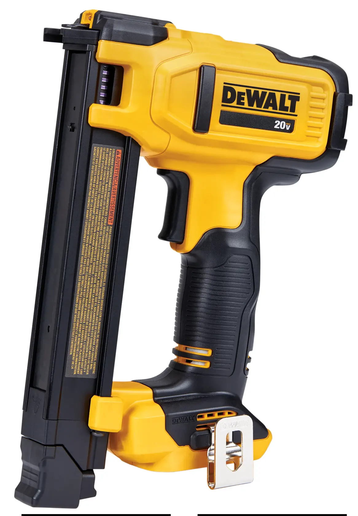 A DEWALT 20V yellow and black cordless cable stapler tool, model DCN701B, designed for fastening wires and cables, with a robust grip and metal belt clip.