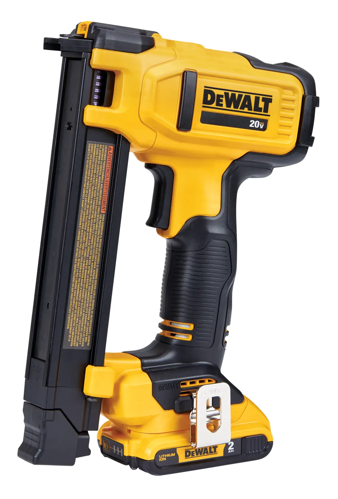 A yellow and black DEWALT 20V cordless cable stapler tool, used for securing electrical cables, shown standing upright on a white background.