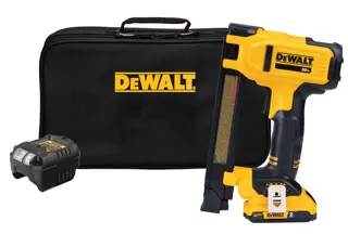 A DEWALT 20V cordless cable stapler kit including a yellow and black stapler tool, a rechargeable battery, and a black carrying case with the DEWALT logo.