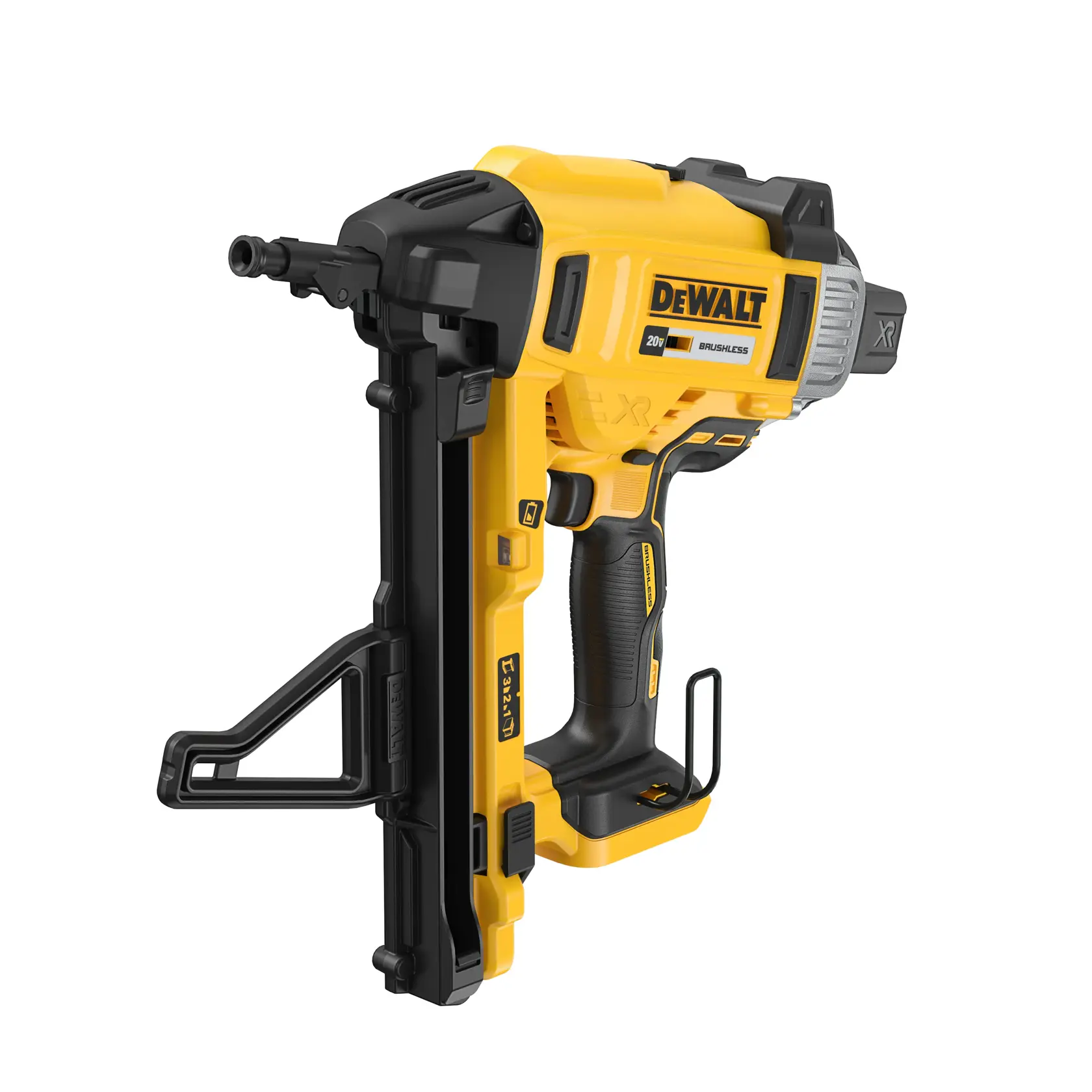 A DEWALT 20V XR cordless concrete nailer, model DCN891B, featuring a yellow and black body, used for fastening to concrete and steel.