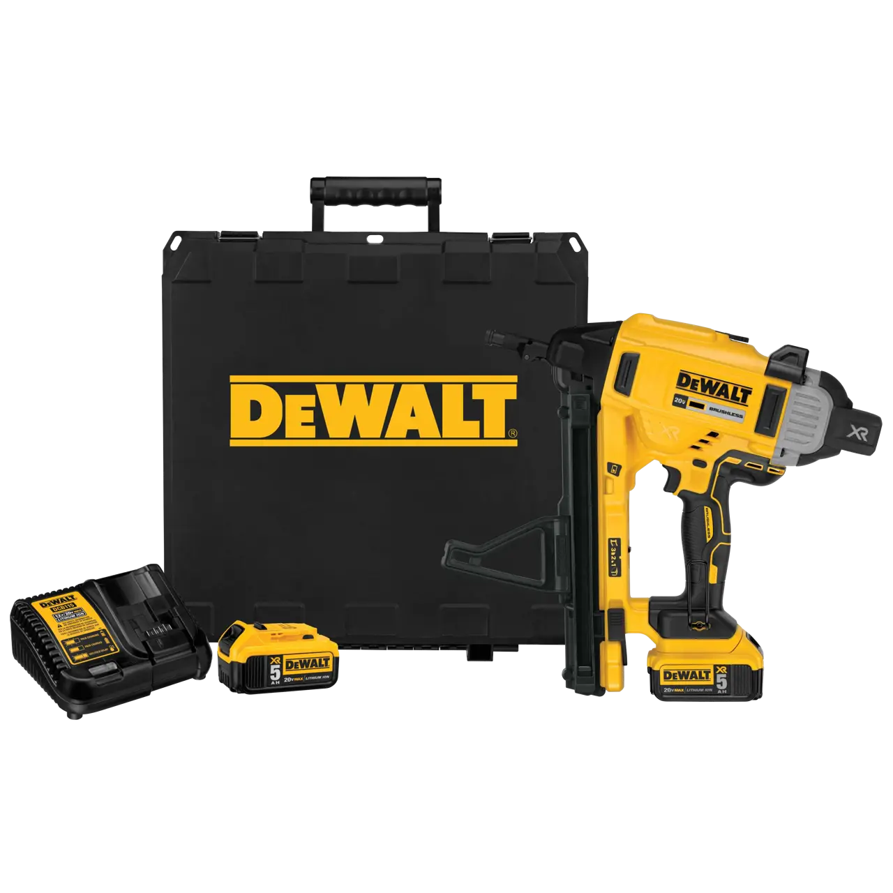 DEWALT cordless yellow and black drywall nailer kit including a nailer tool, two batteries, a charger, and a black carrying case with DEWALT logo.