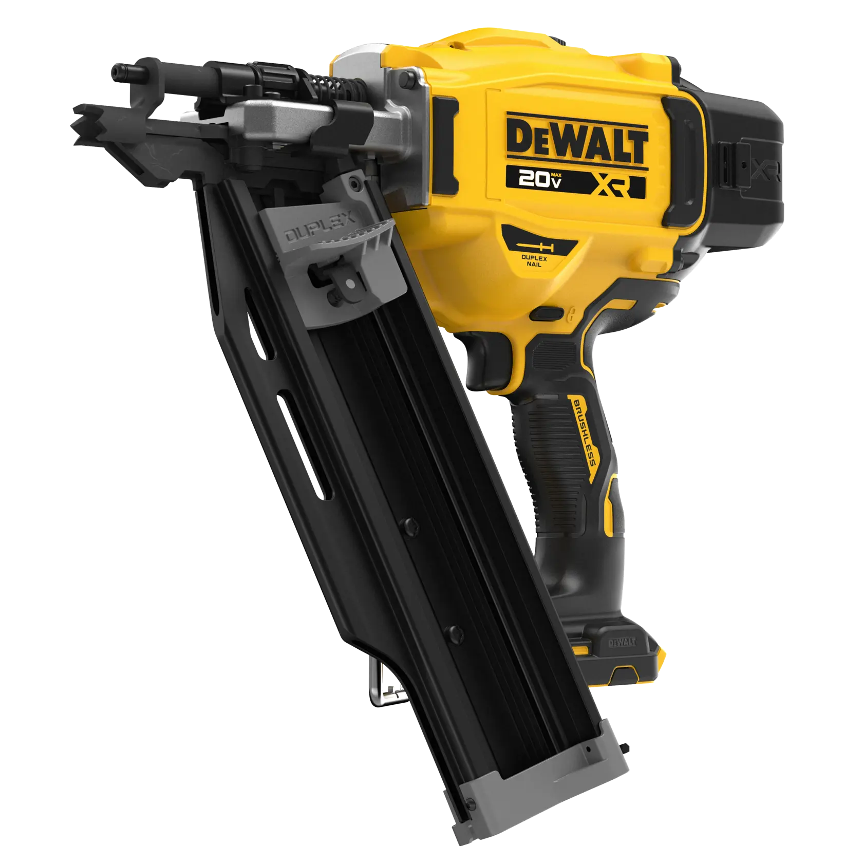 A DEWALT 20V XR cordless nail gun with a yellow and black body, angled magazine, and ergonomic handle. The model shown is the DCN910B, designed for driving nails.