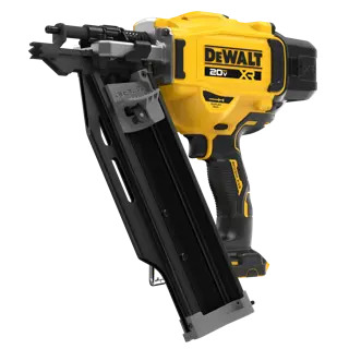 A DEWALT 20V XR cordless nail gun with a yellow and black body, angled magazine, and ergonomic handle. The model shown is the DCN910B, designed for driving nails.