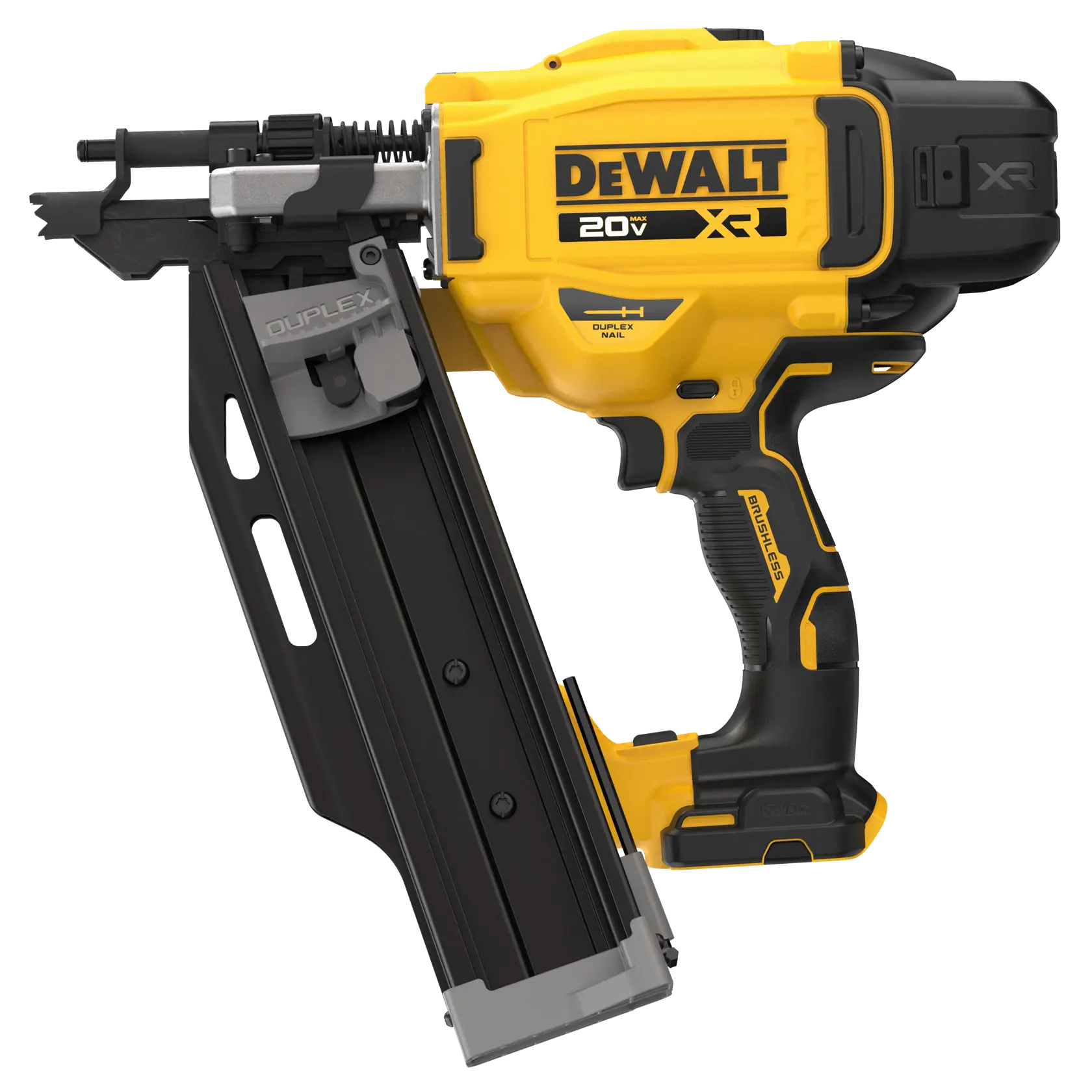 A DEWALT 20V XR cordless nail gun with a yellow and black body, angled nail magazine, and brushless motor, designed for driving duplex nails.