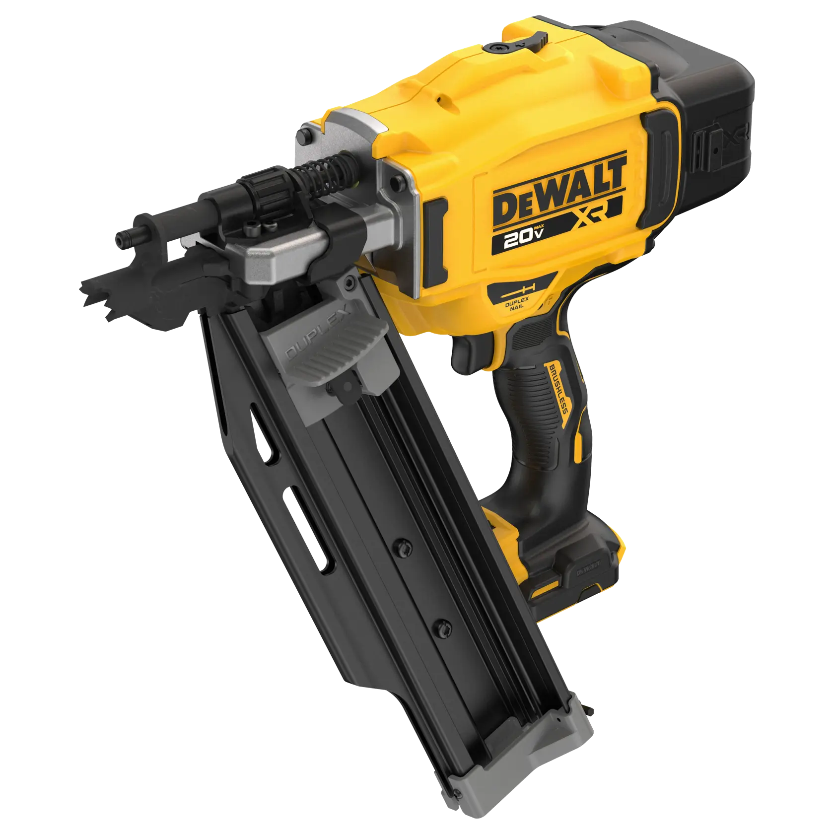 A DEWALT 20V cordless nail gun with a yellow and black body, used in construction and carpentry for driving nails efficiently.
