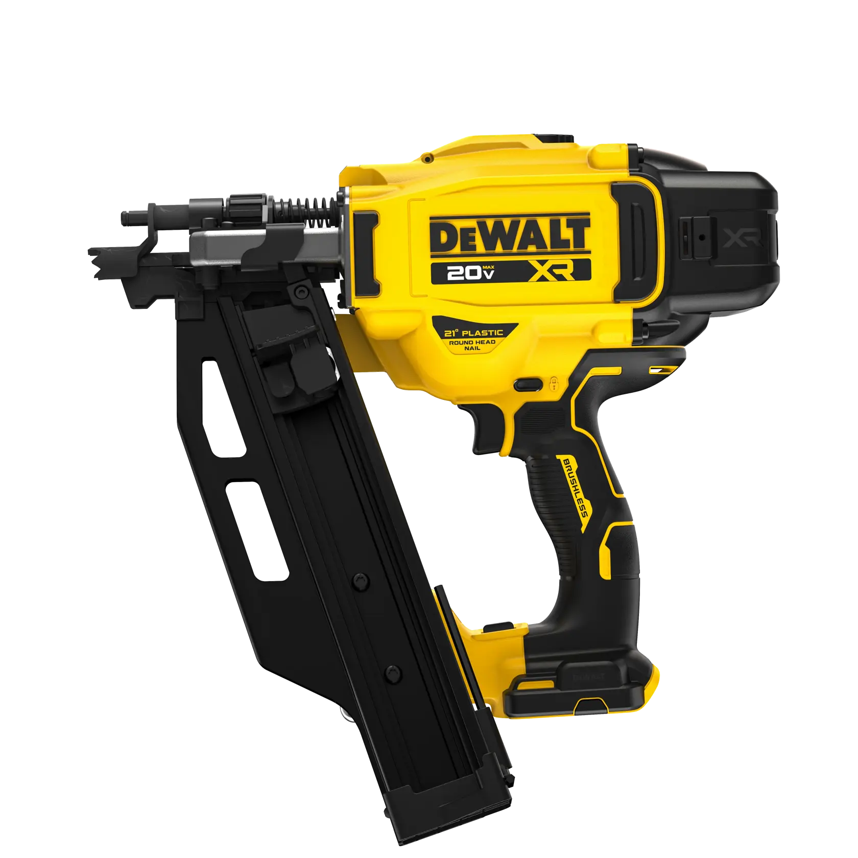 DEWALT® 20V MAX* XR® 30 gauge Framing Nailer with battery front side angle
