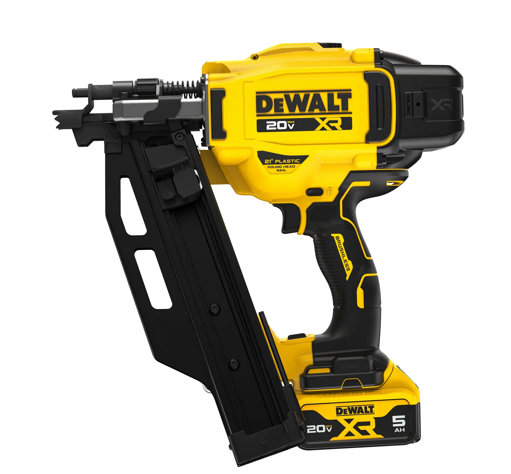 DEWALT® 20V MAX* XR® 21 gauge Framing Nailer with battery front side angle