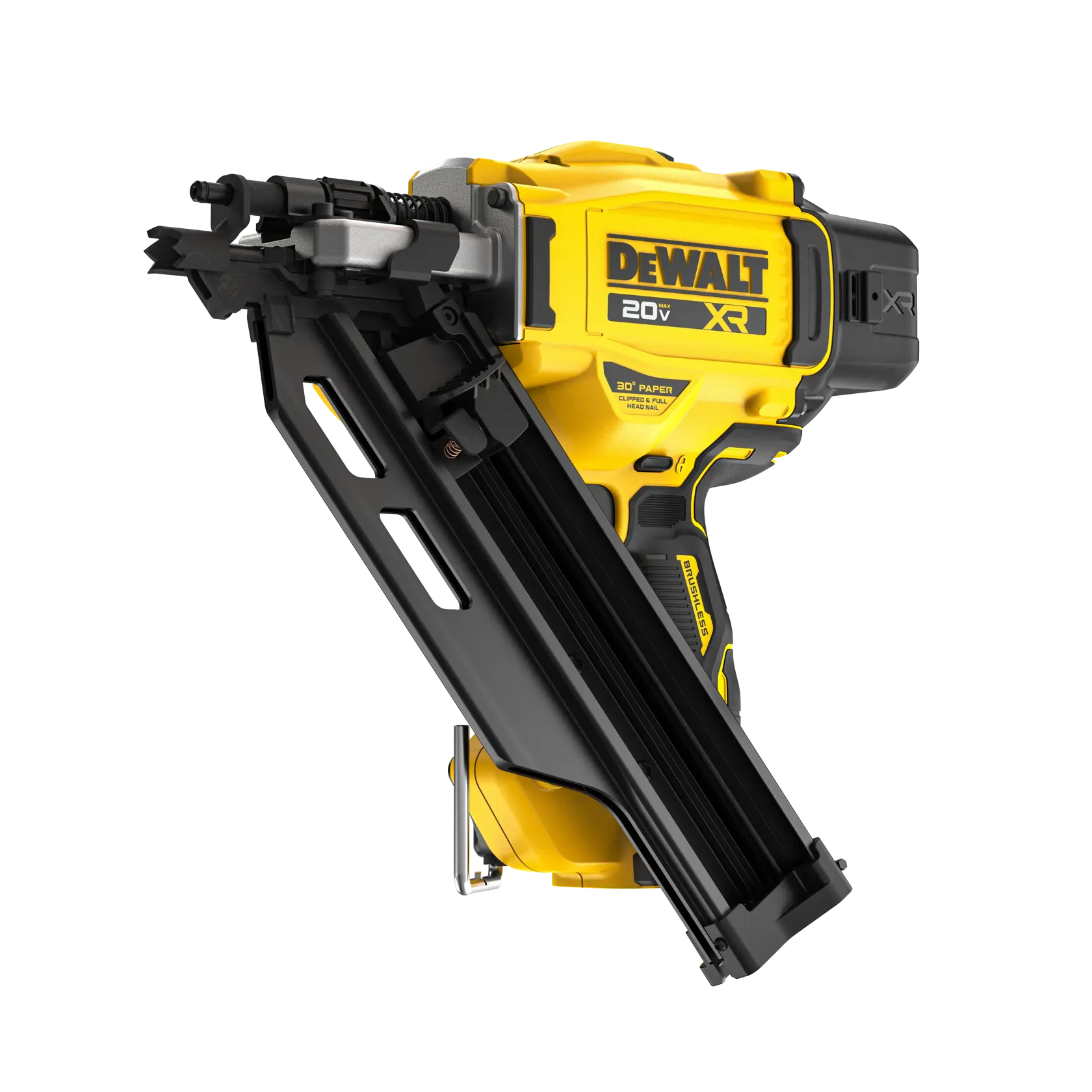 DEWALT® 20V MAX* XR® 30 gauge Framing Nailer with battery at a 3/4 front facing angle