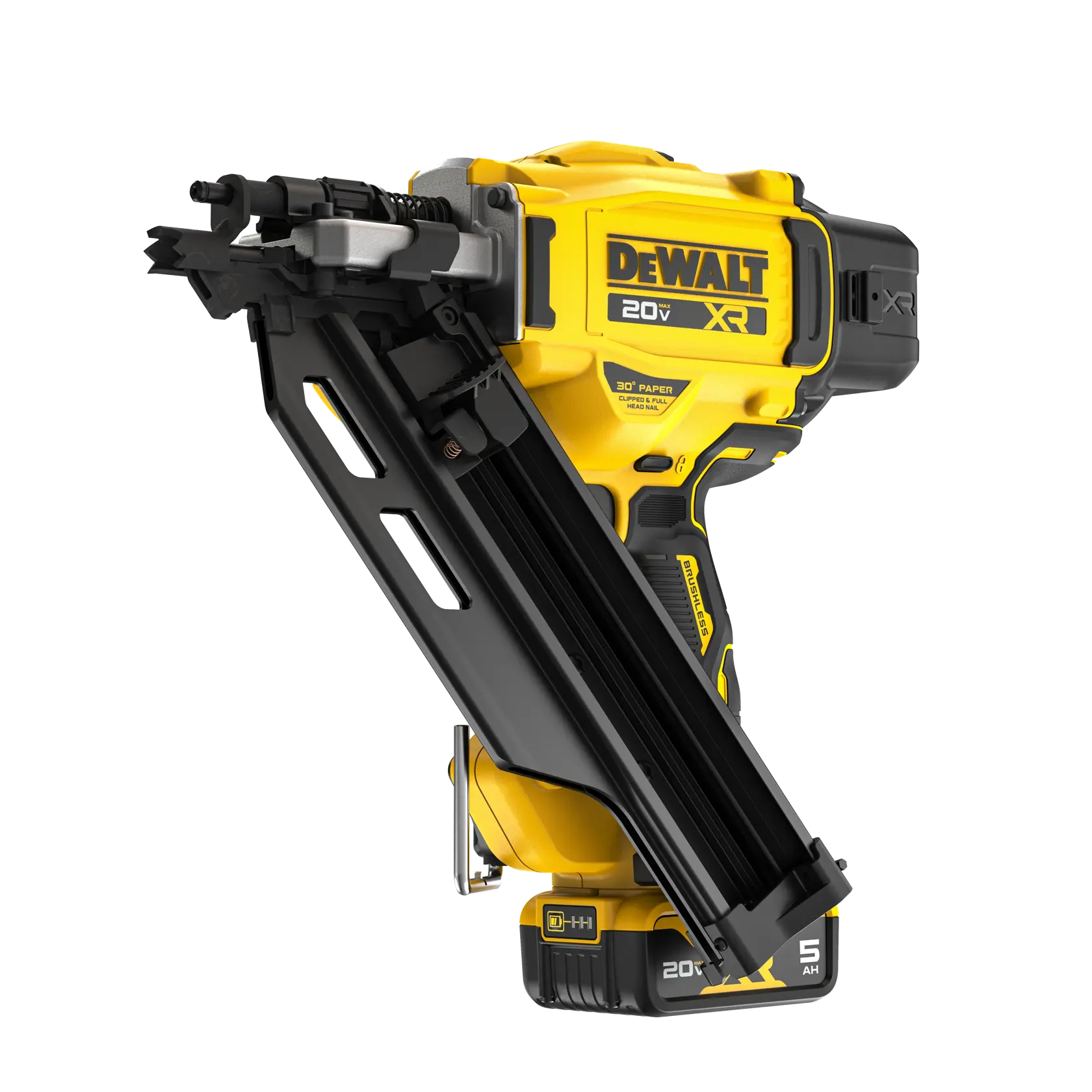 DEWALT® 20V MAX* XR® 30 gauge Framing Nailer with battery front side angle