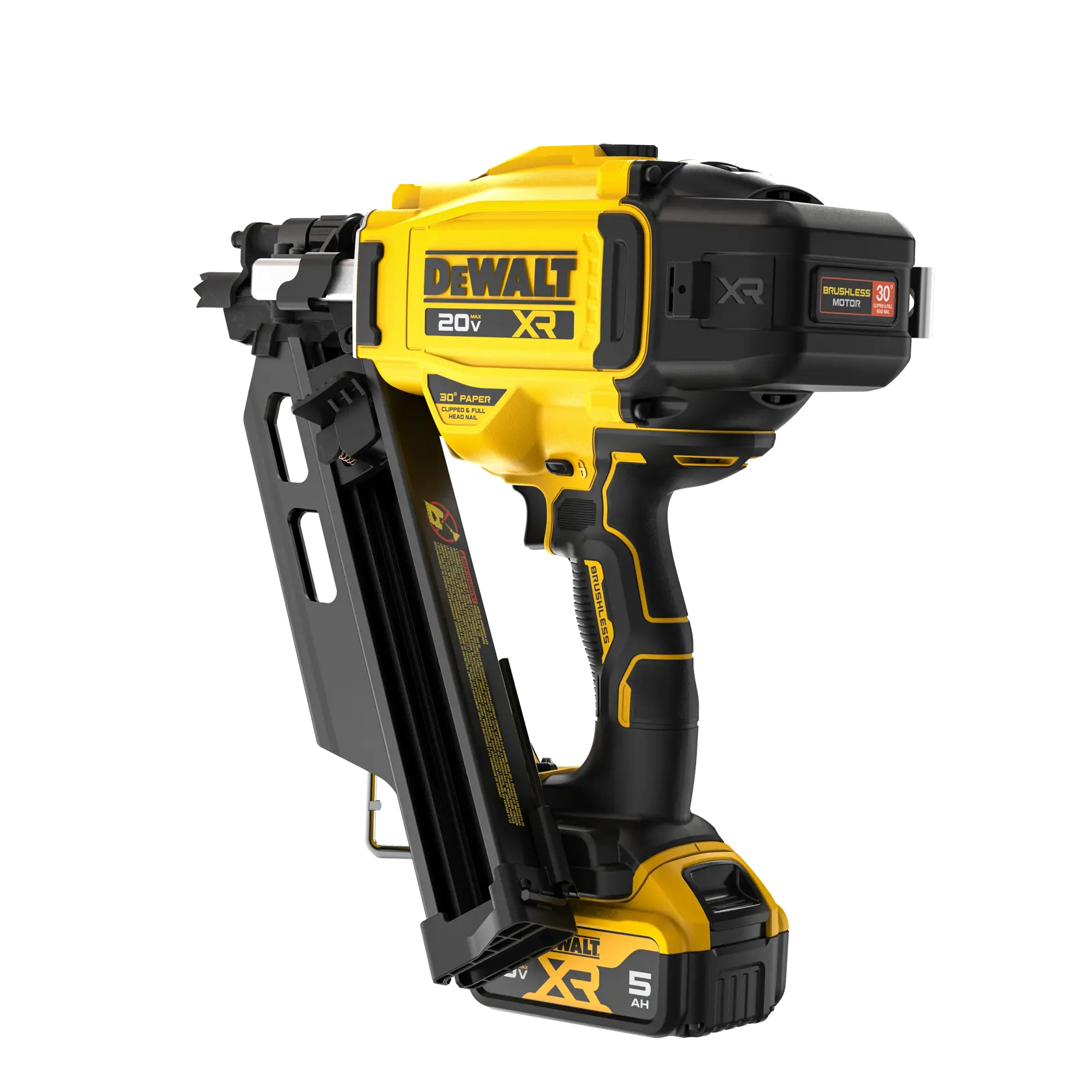 DEWALT® 20V MAX* XR® 30 gauge Framing Nailer with battery at a 3/4 back facing angle