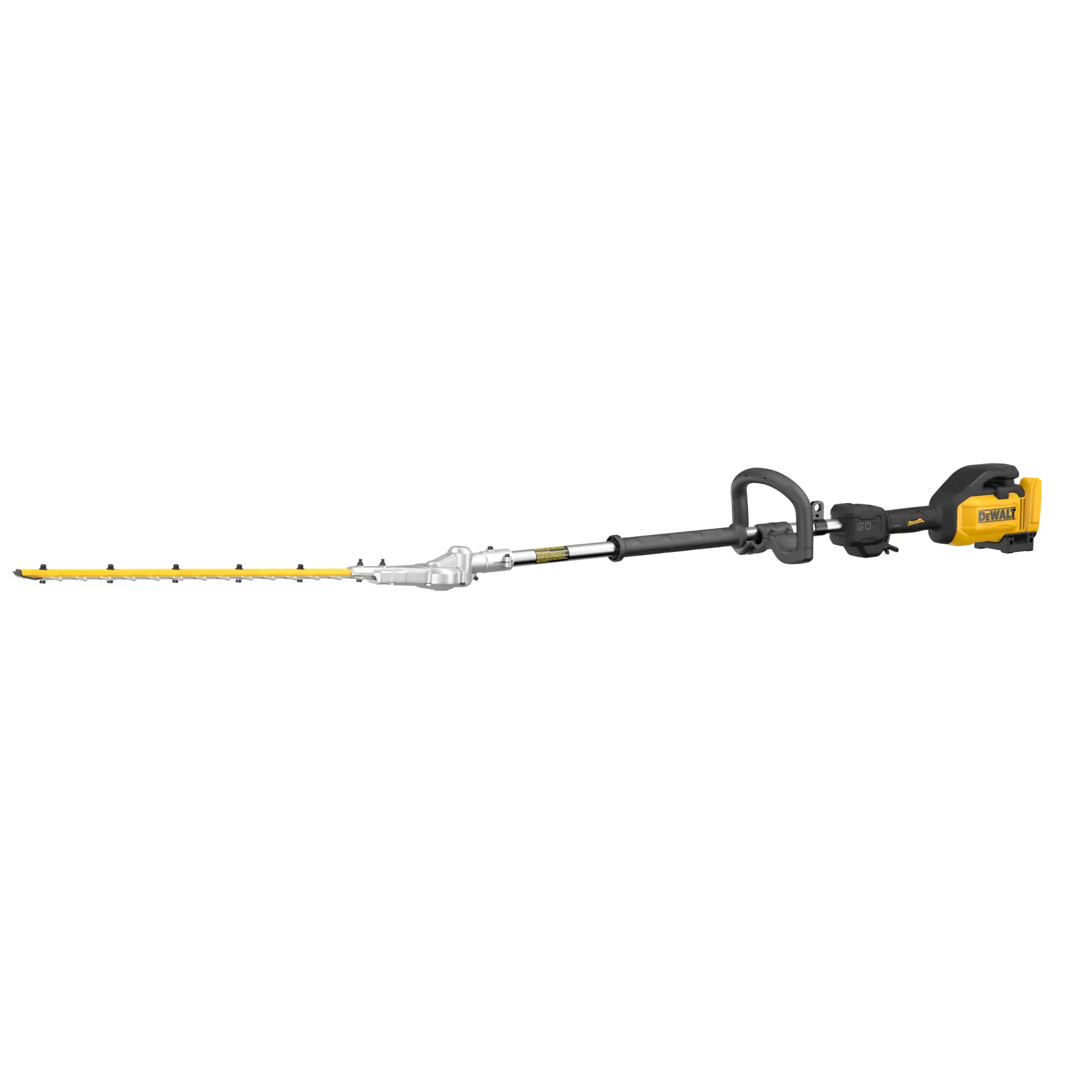 A DEWALT branded pole hedge trimmer with an extended reach handle and yellow cutting blades, designed for trimming tall or hard-to-reach hedges.