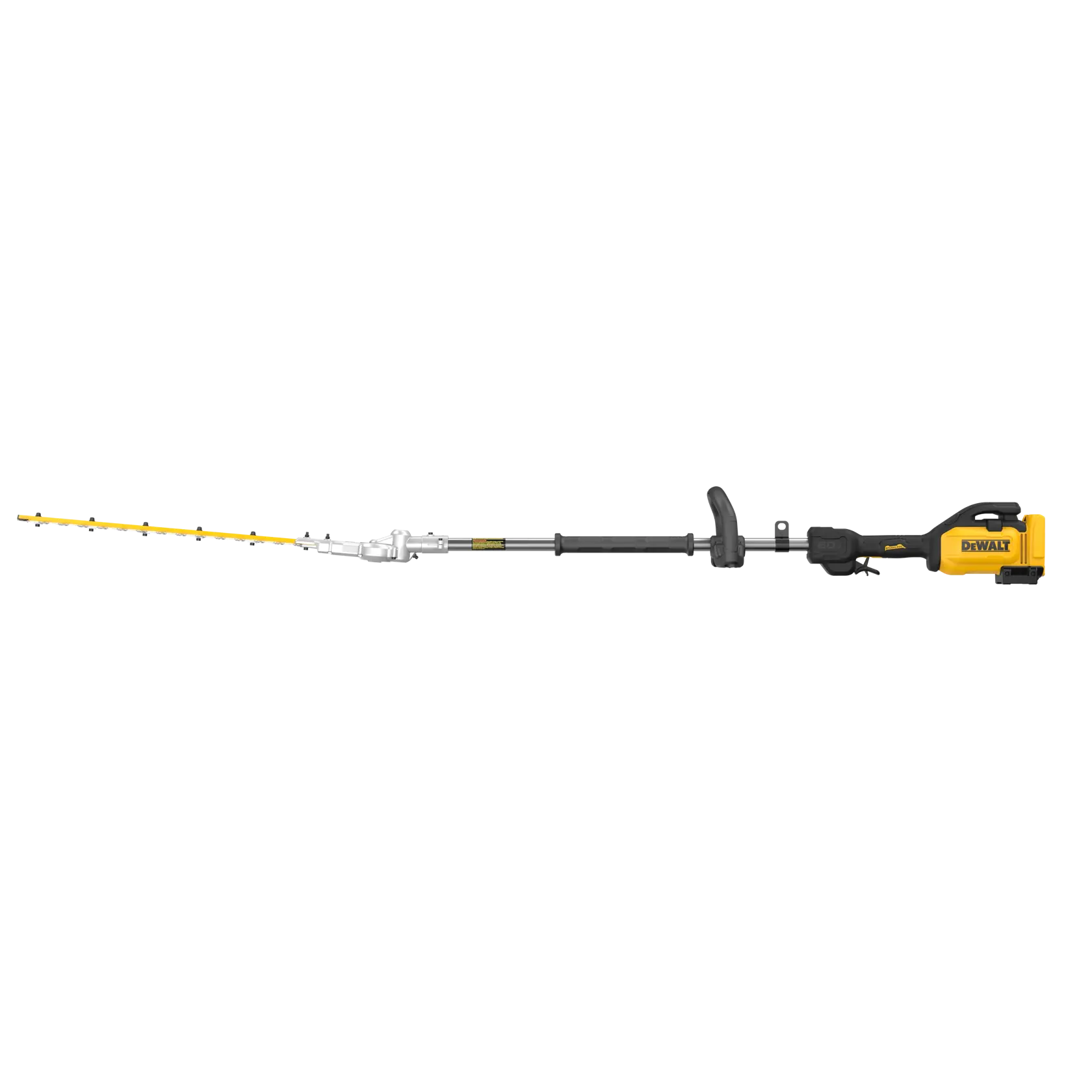 A DEWALT DCPH673B cordless pole hedge trimmer with a yellow and black handle, extended shaft, and angled cutting blade.