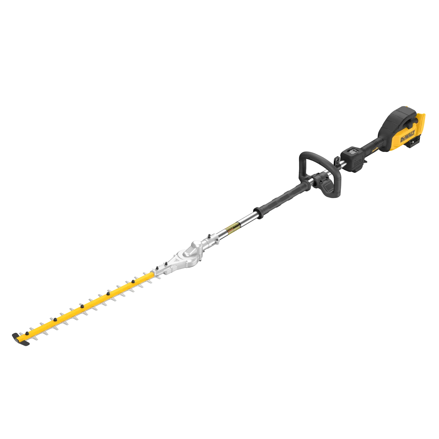 A yellow and black cordless pole hedge trimmer with a long reach and adjustable cutting head.