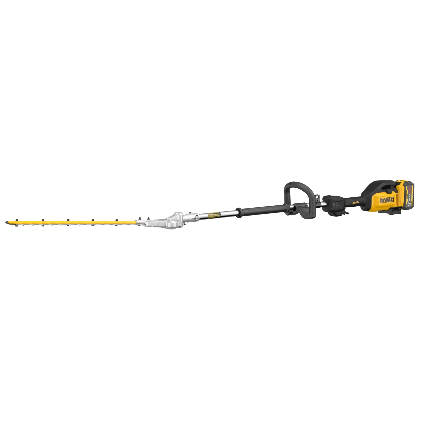 A DEWALT cordless pole hedge trimmer with an extended reach, featuring a yellow and black motor housing, a long black shaft, and a yellow trimming blade.