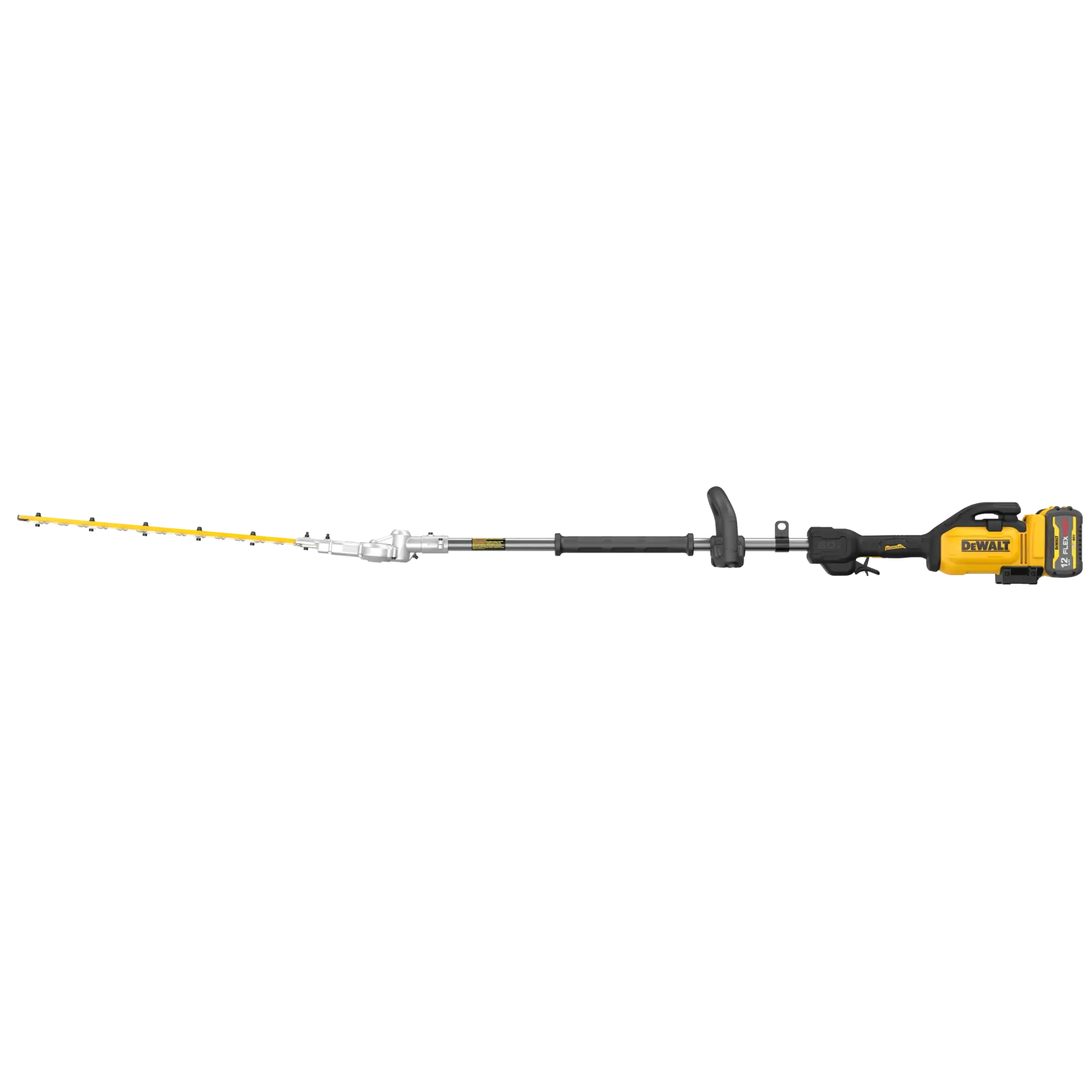 A DEWALT cordless pole hedge trimmer with a yellow and black body, featuring an extended reach pole and a cutting blade attachment at the end.