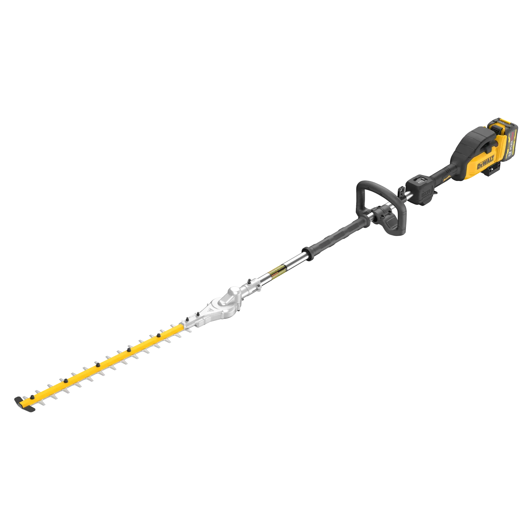 A DEWALT cordless pole hedge trimmer, featuring a long yellow and silver cutting blade, black handle, and battery pack on the end.